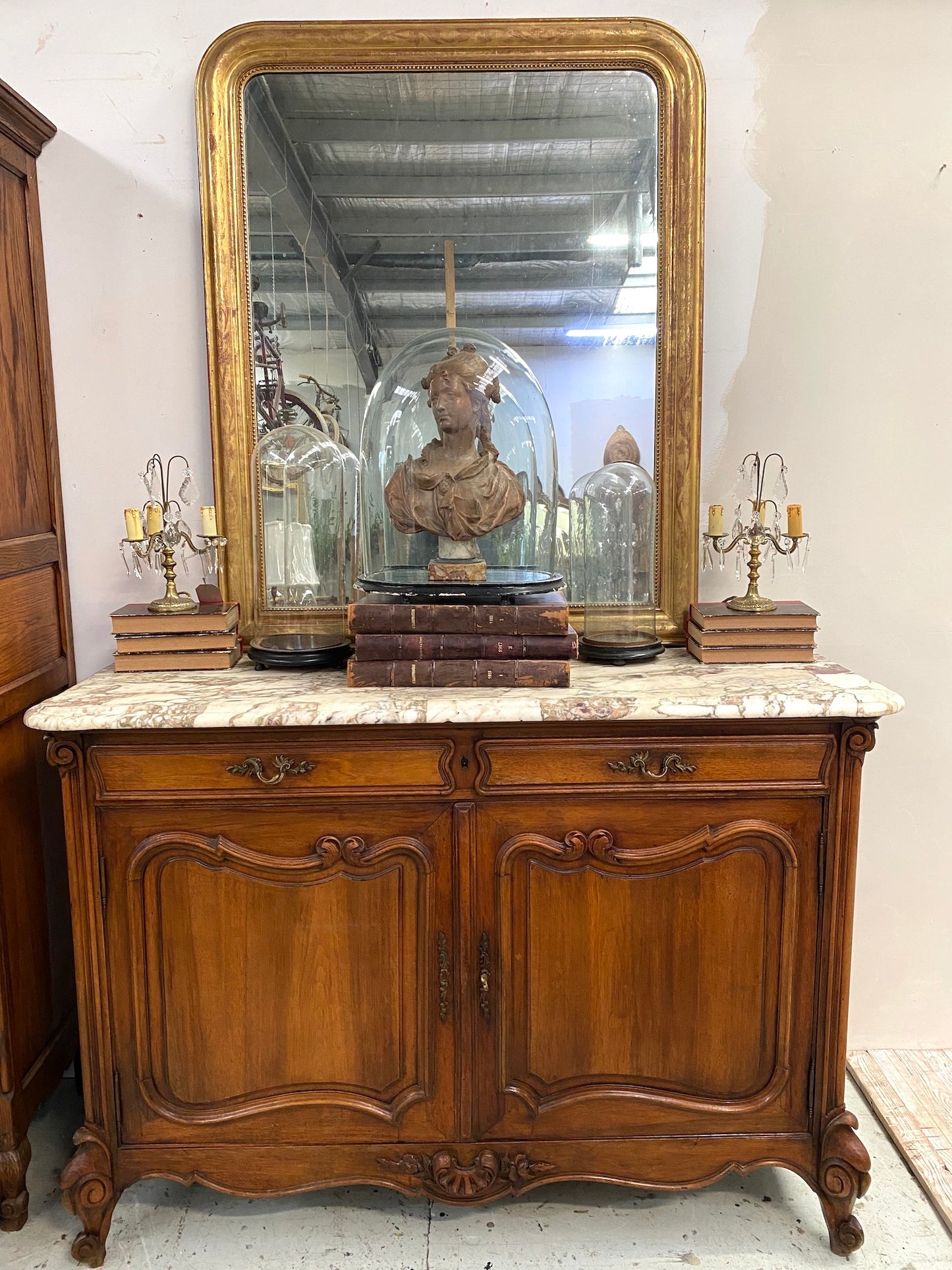 Antique French Louis XV Marble Top 2 Door Sideboard