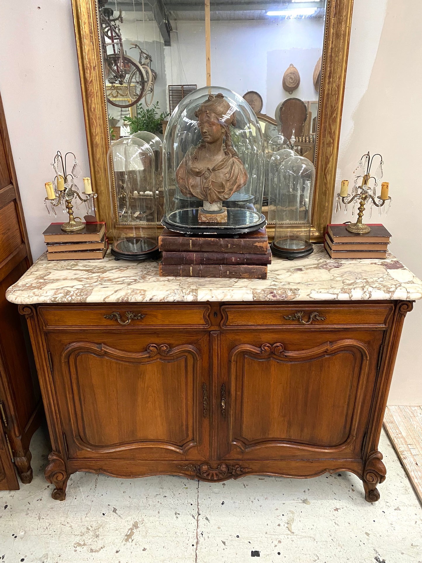 Antique French Louis XV Marble Top 2 Door Sideboard