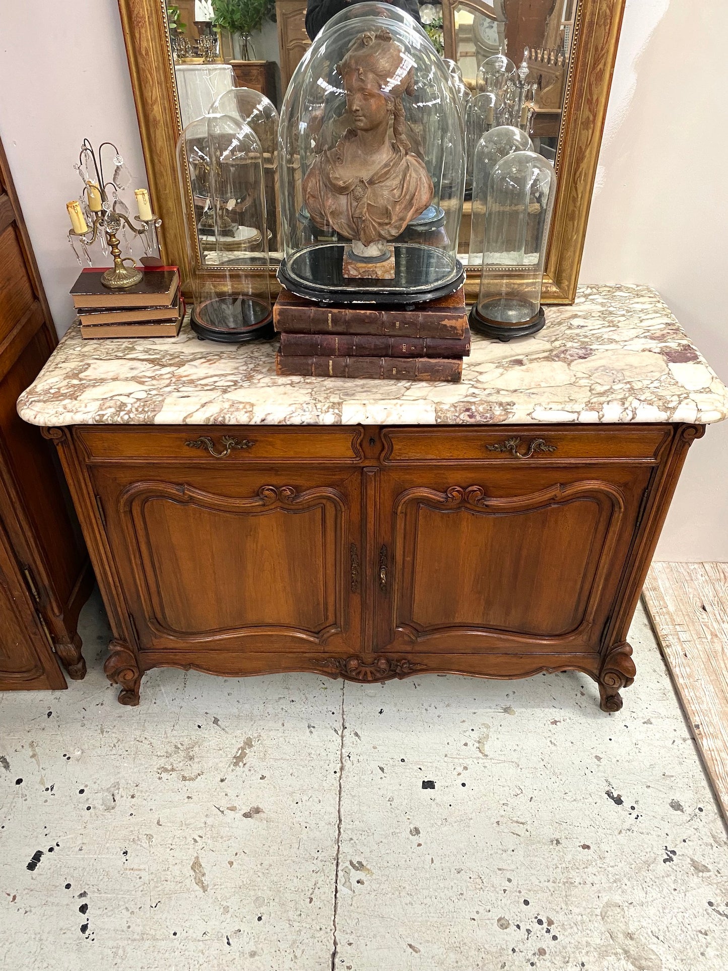 Antique French Louis XV Marble Top 2 Door Sideboard