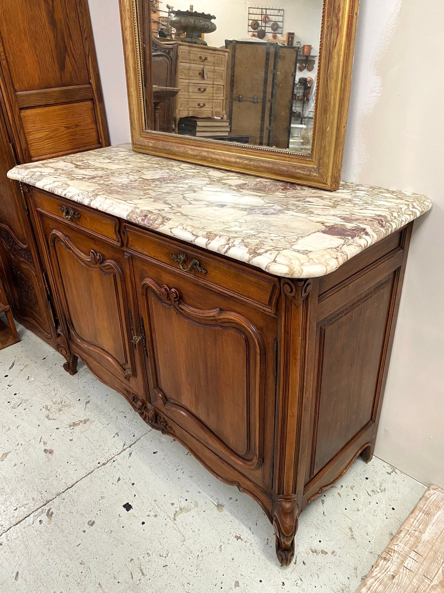 Antique French Louis XV Marble Top 2 Door Sideboard