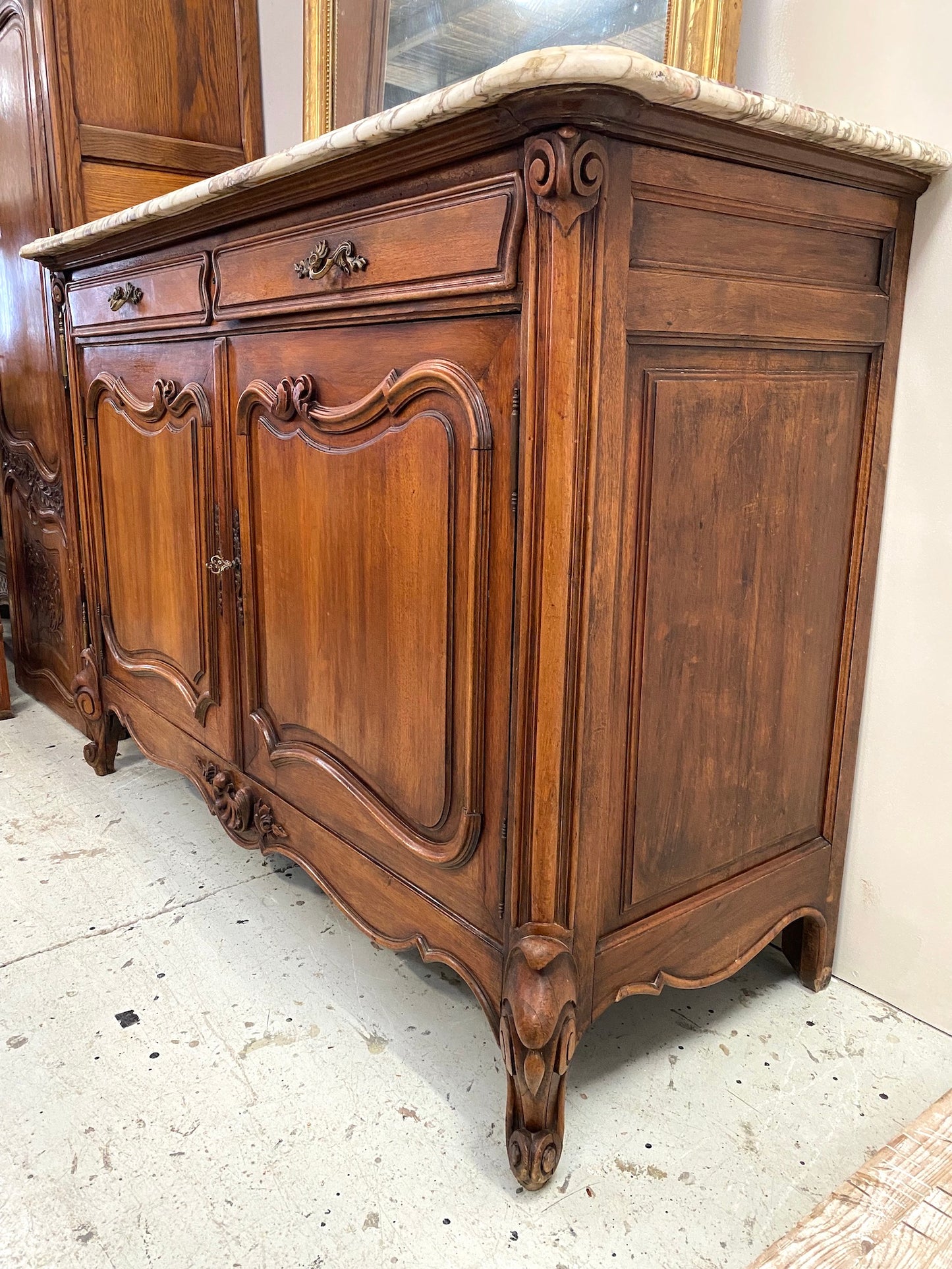 Antique French Louis XV Marble Top 2 Door Sideboard