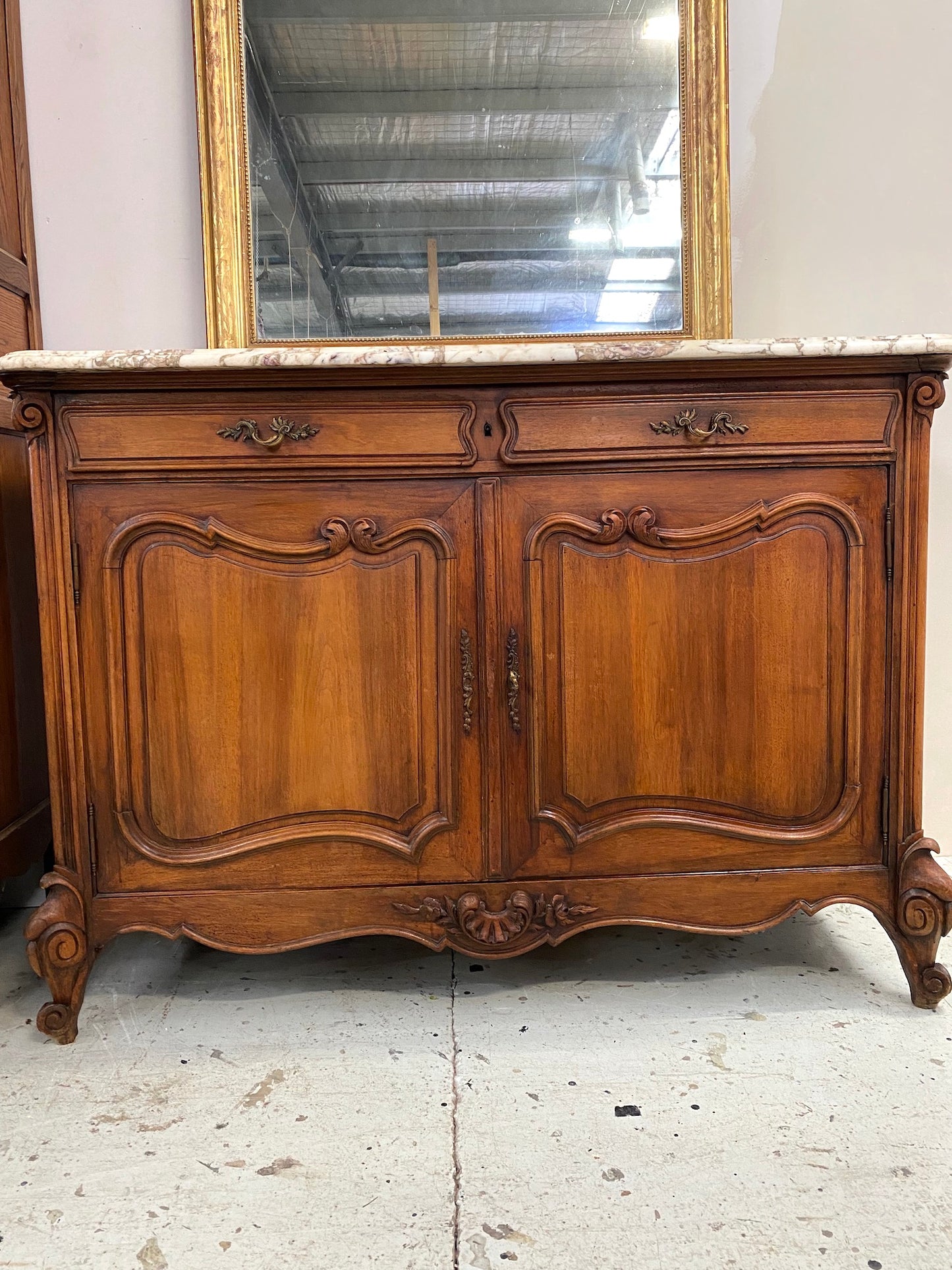 Antique French Louis XV Marble Top 2 Door Sideboard