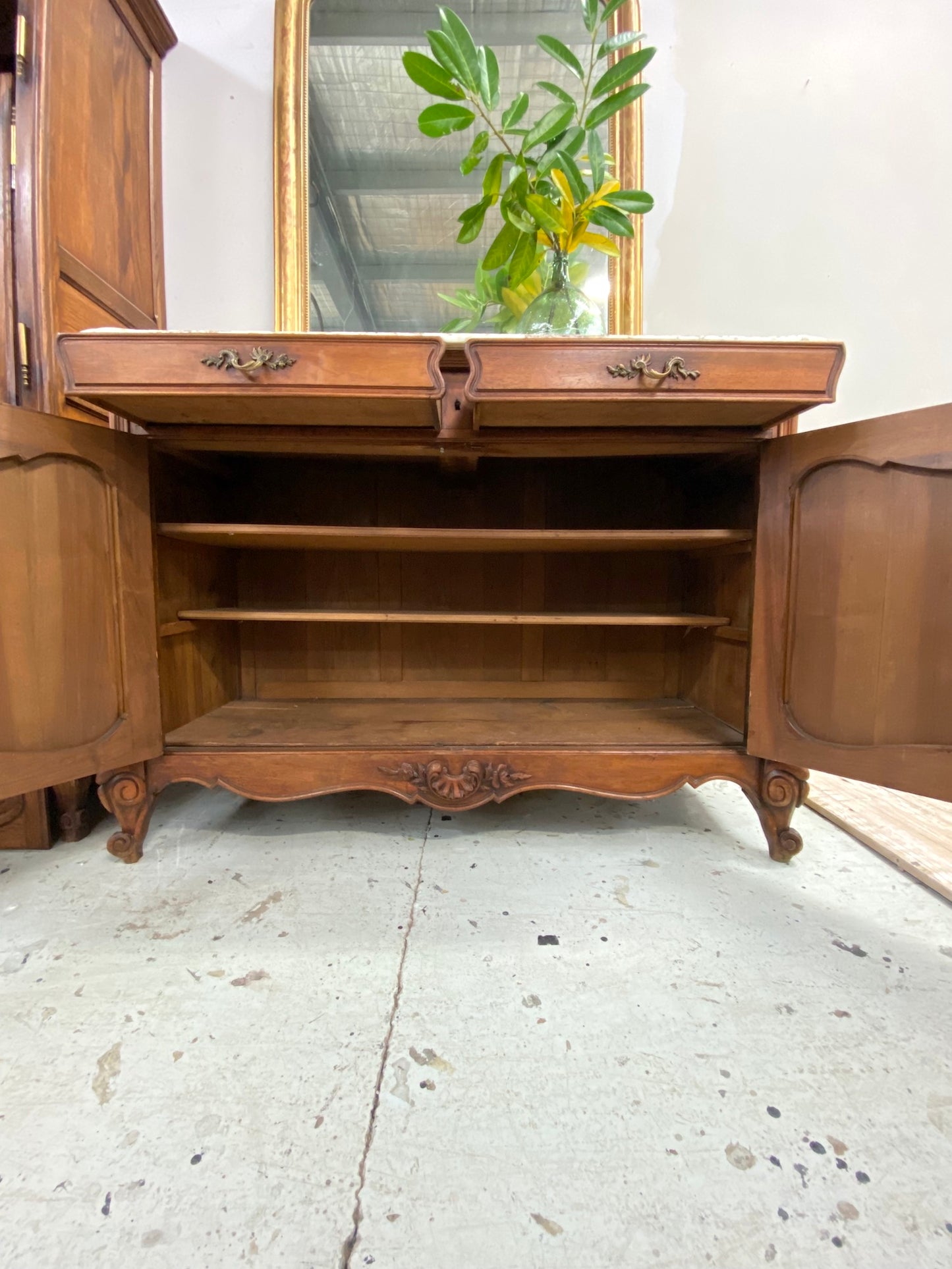 Antique French Louis XV Marble Top 2 Door Sideboard