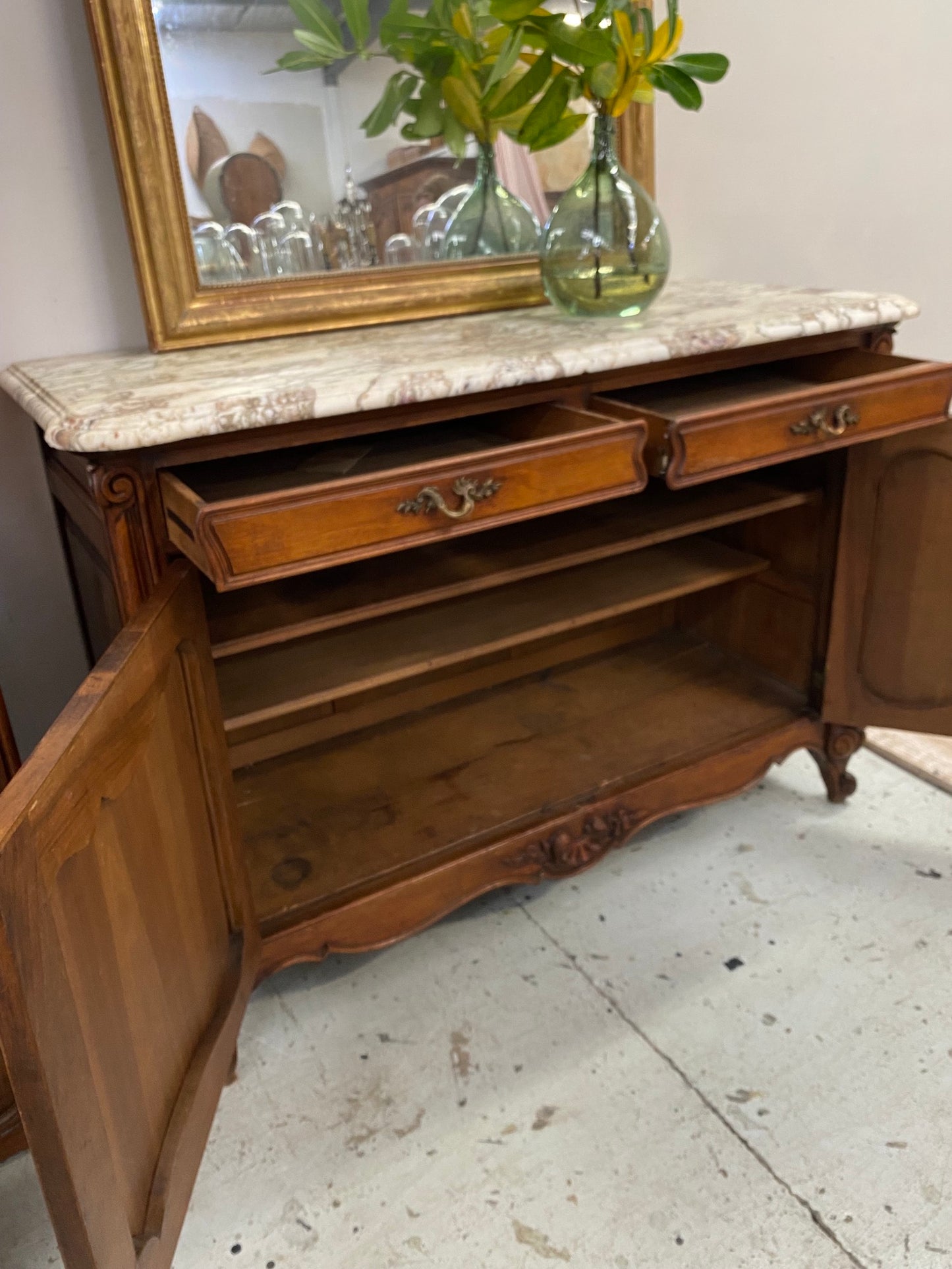 Antique French Louis XV Marble Top 2 Door Sideboard