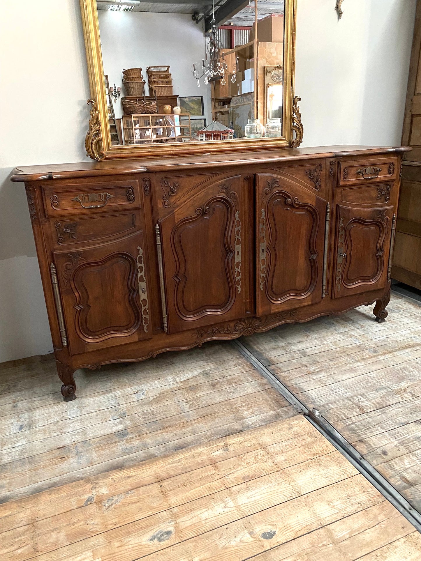 Antique French Louis XV Walnut 4 Door 2 Drawer Sideboard