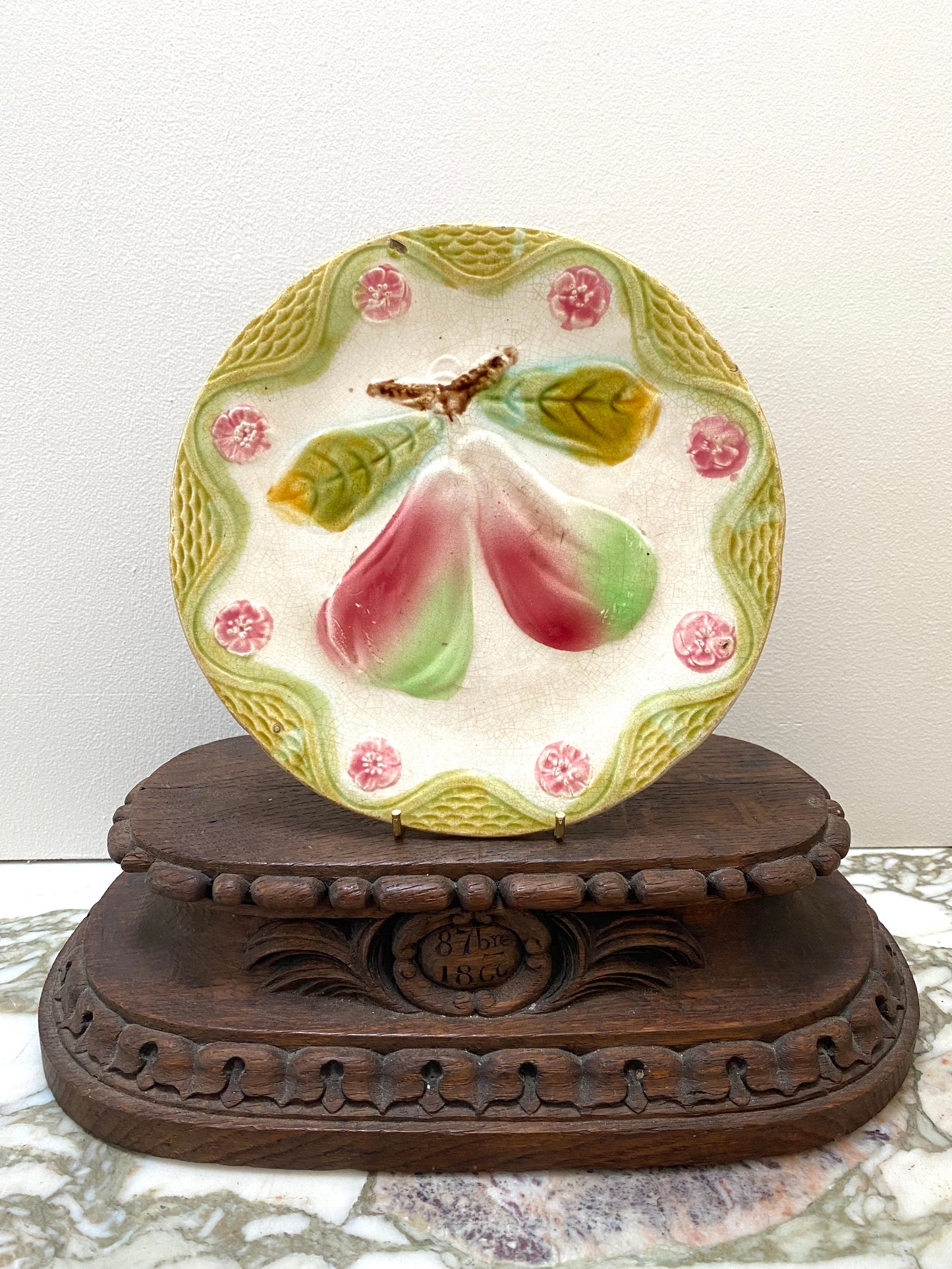 Antique French Majolica Round Pear & Blossom Plate