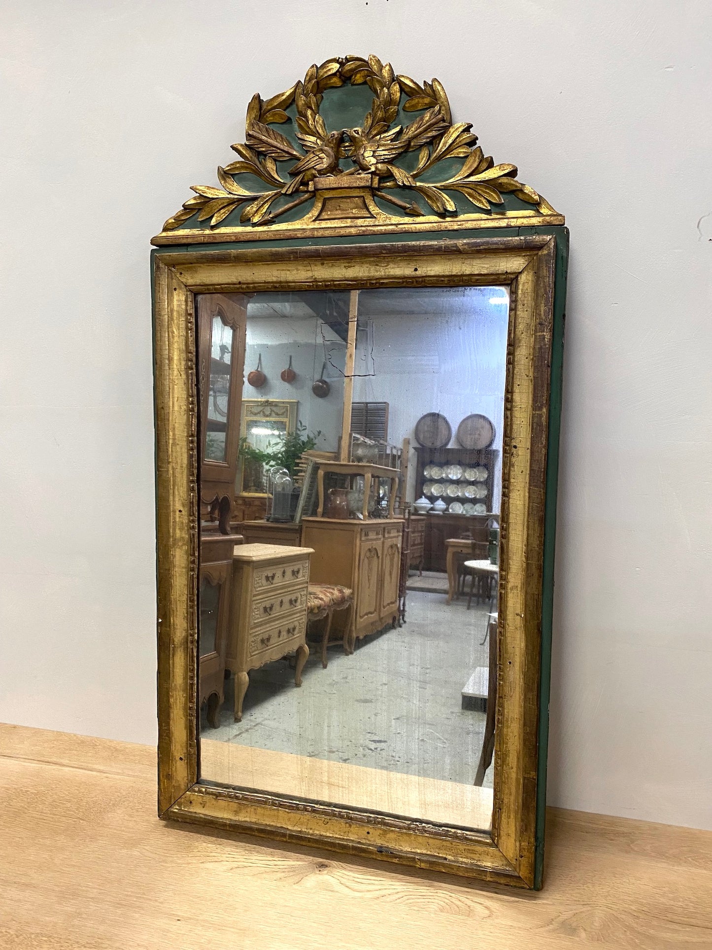 Antique French Pair of Doves Gold Gilt Petite Mirror