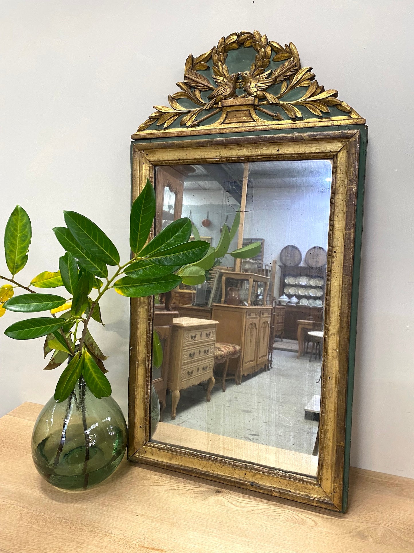 Antique French Pair of Doves Gold Gilt Petite Mirror