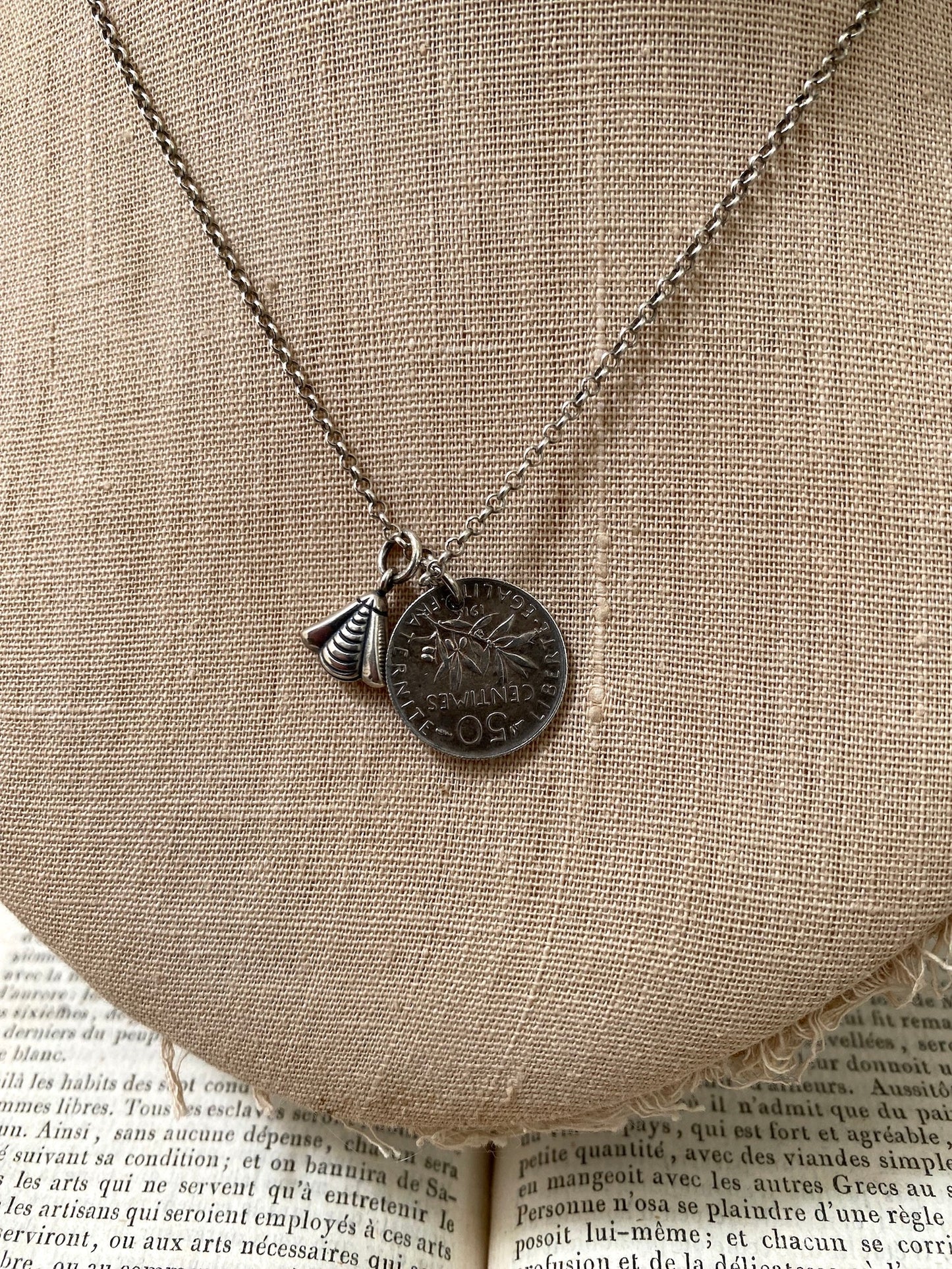 Antique French Silver 1916 Coin & Bee Necklace