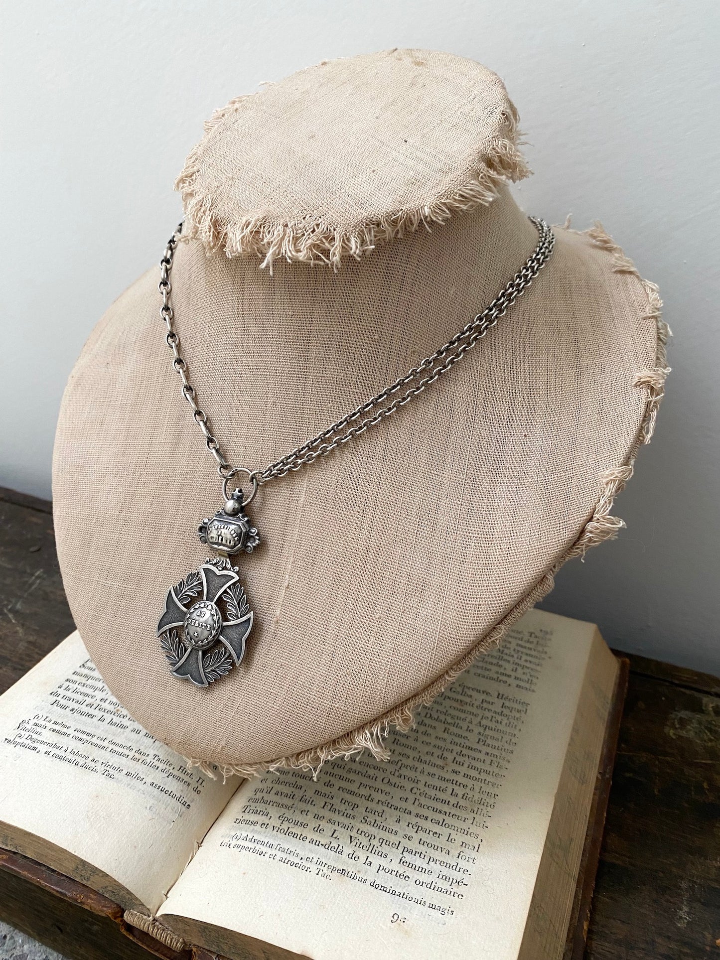 Antique French Silver Merit Award Medal Necklace