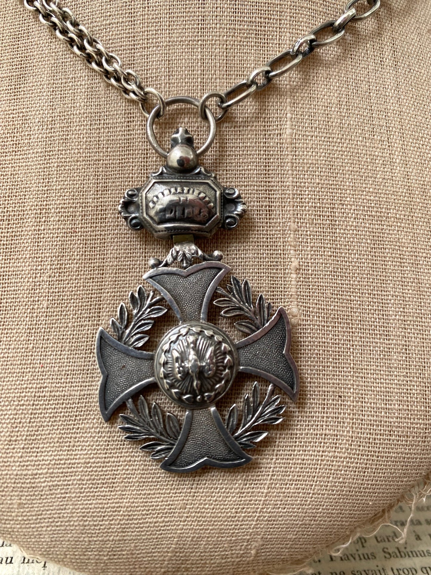 Antique French Silver Merit Award Medal Necklace