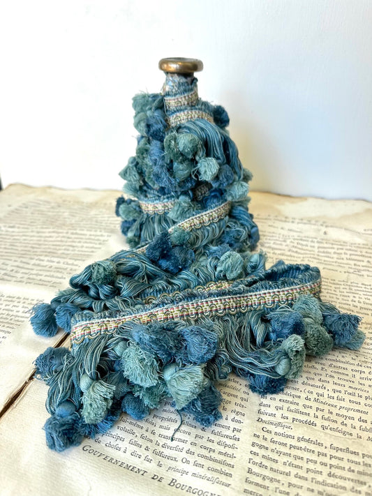 Antique French Silk Tassel Trim on Bobbin - Blue