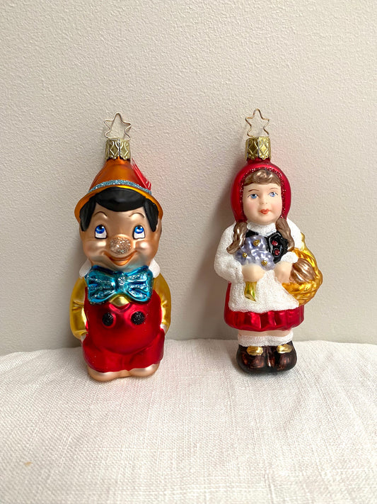 German Glass Christmas Ornaments - Pinocchio or Red Riding Hood