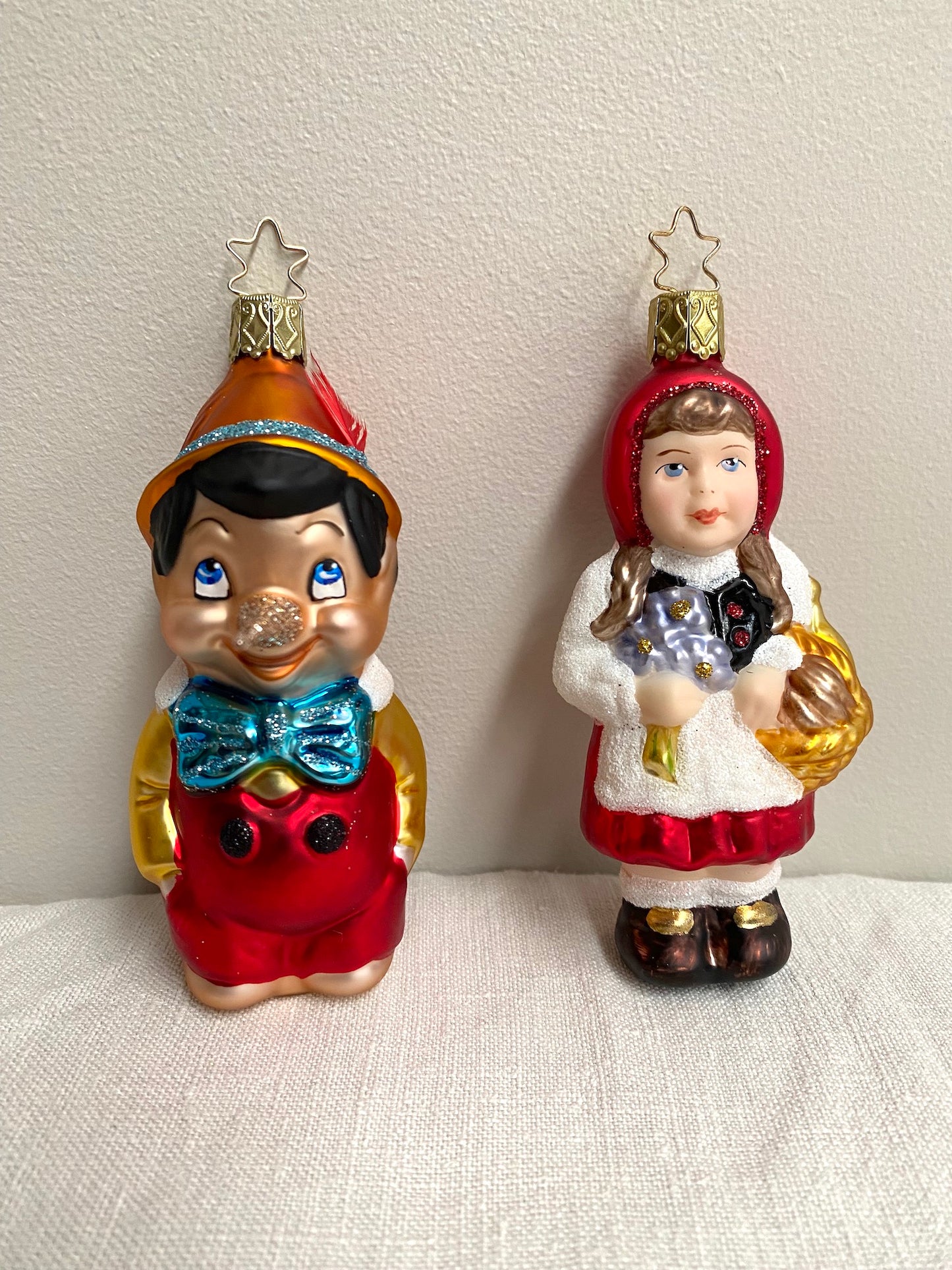 German Glass Christmas Ornaments - Pinocchio or Red Riding Hood