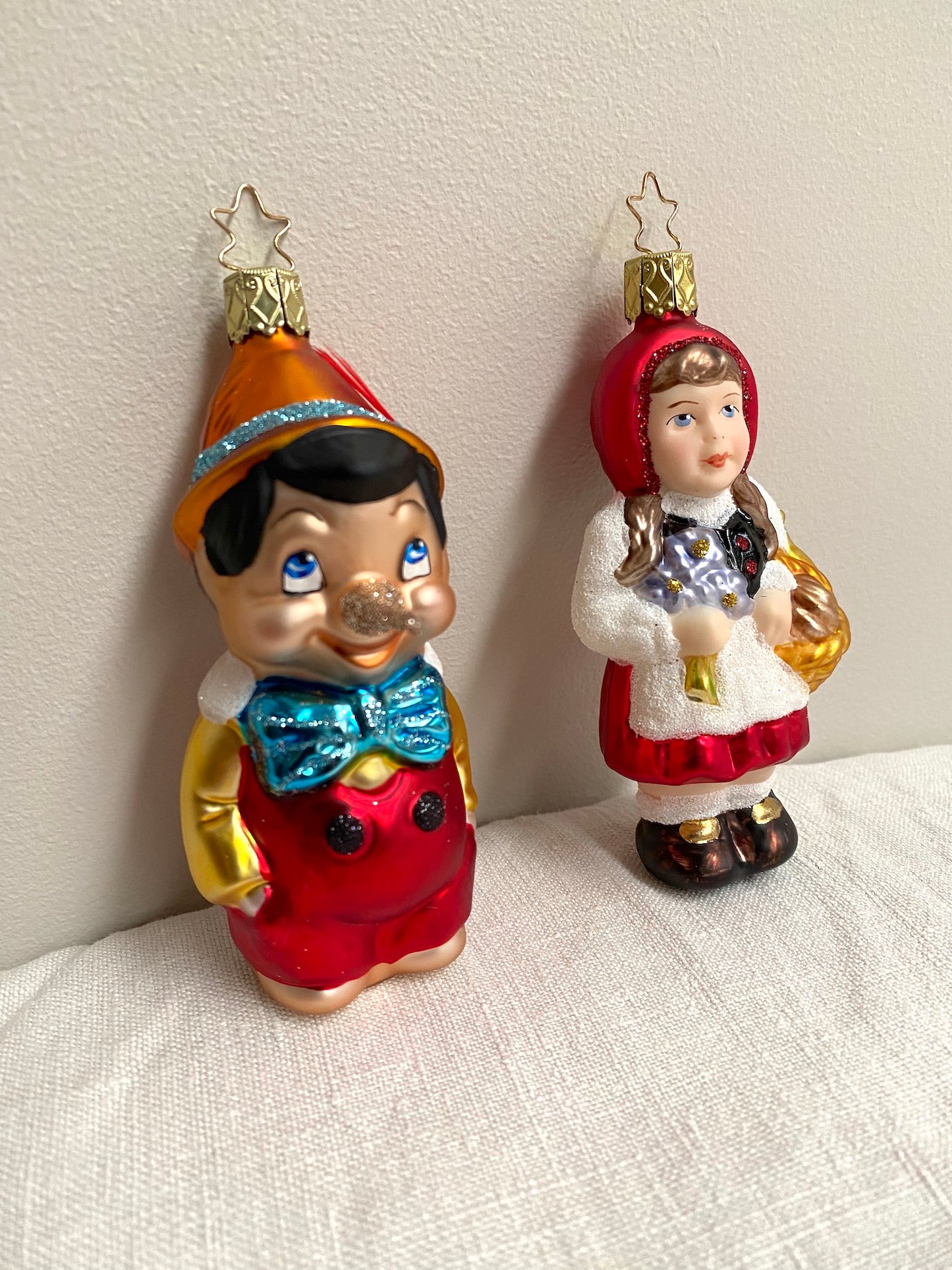 German Glass Christmas Ornaments - Pinocchio or Red Riding Hood