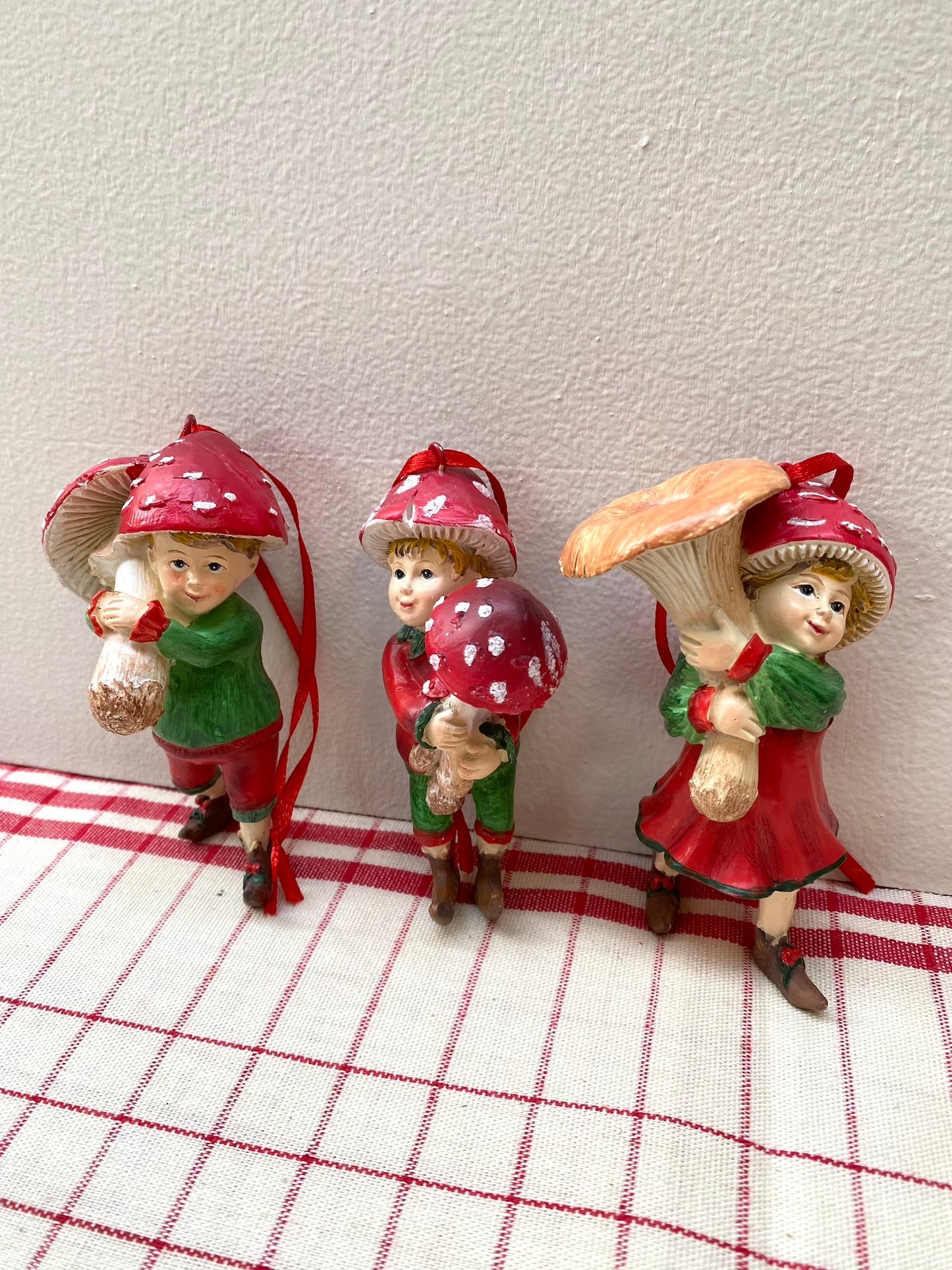 Mushroom Elves - Set of 3 Hanging Ornaments - Woodland Christmas