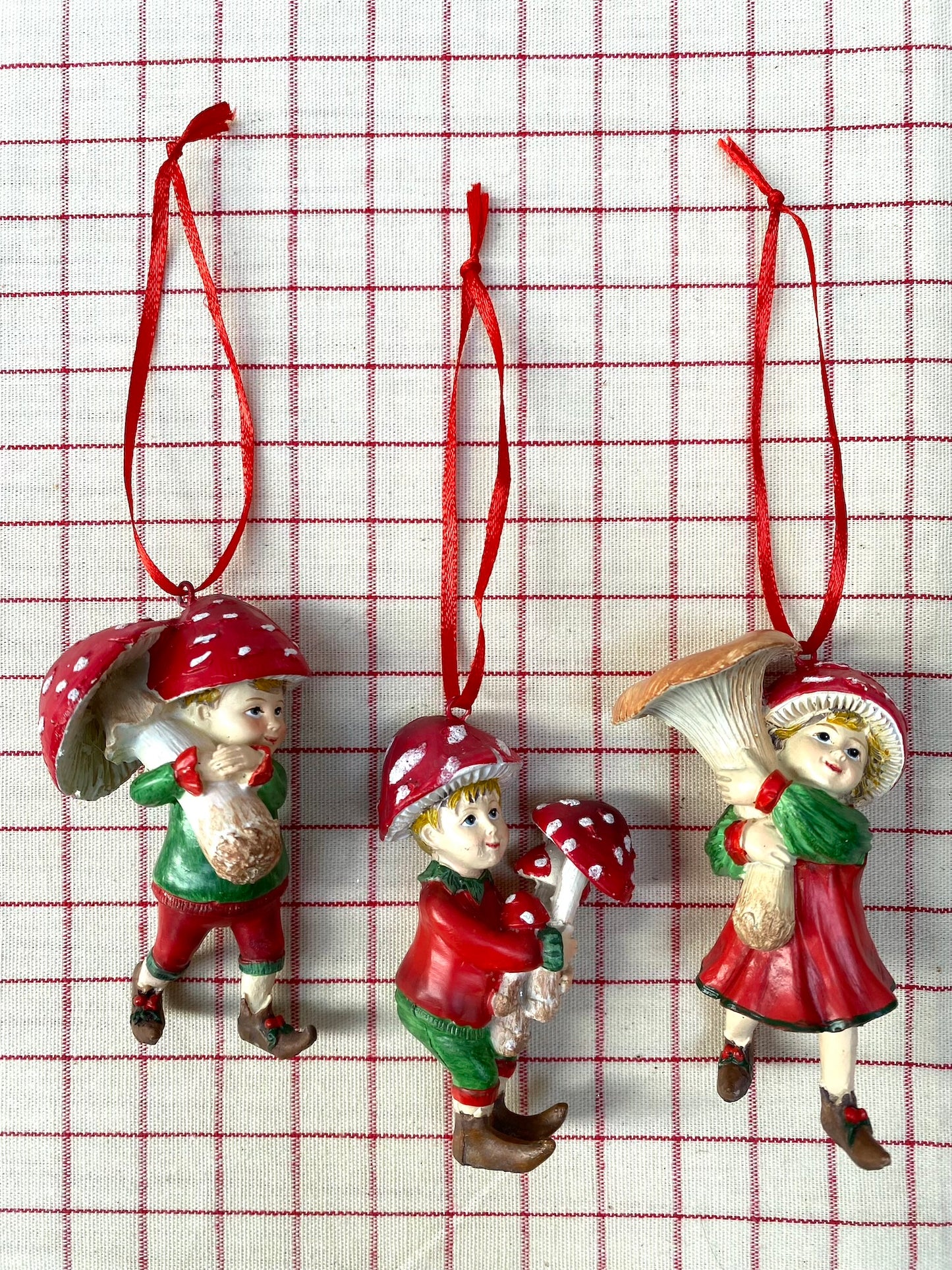 Mushroom Elves - Set of 3 Hanging Ornaments - Woodland Christmas