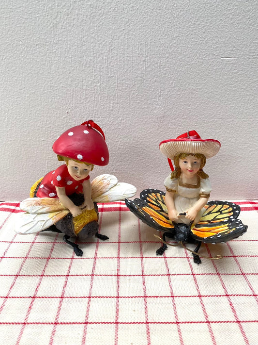 Mushroom Elves on Bee & Butterfly - Pair Hanging Ornaments - Woodland Christmas