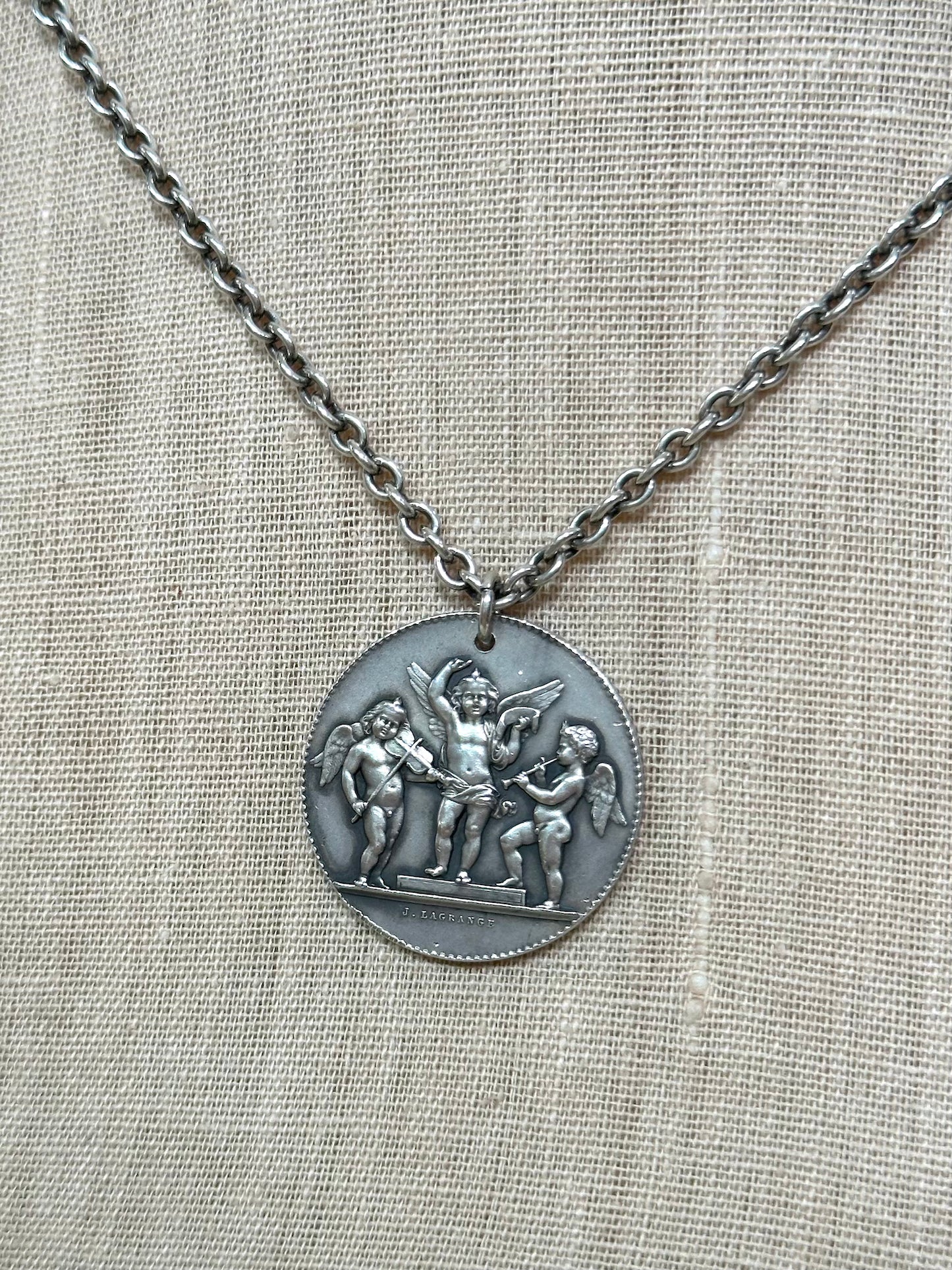 Antique French Silver Necklace With Music Award Medal Pendant