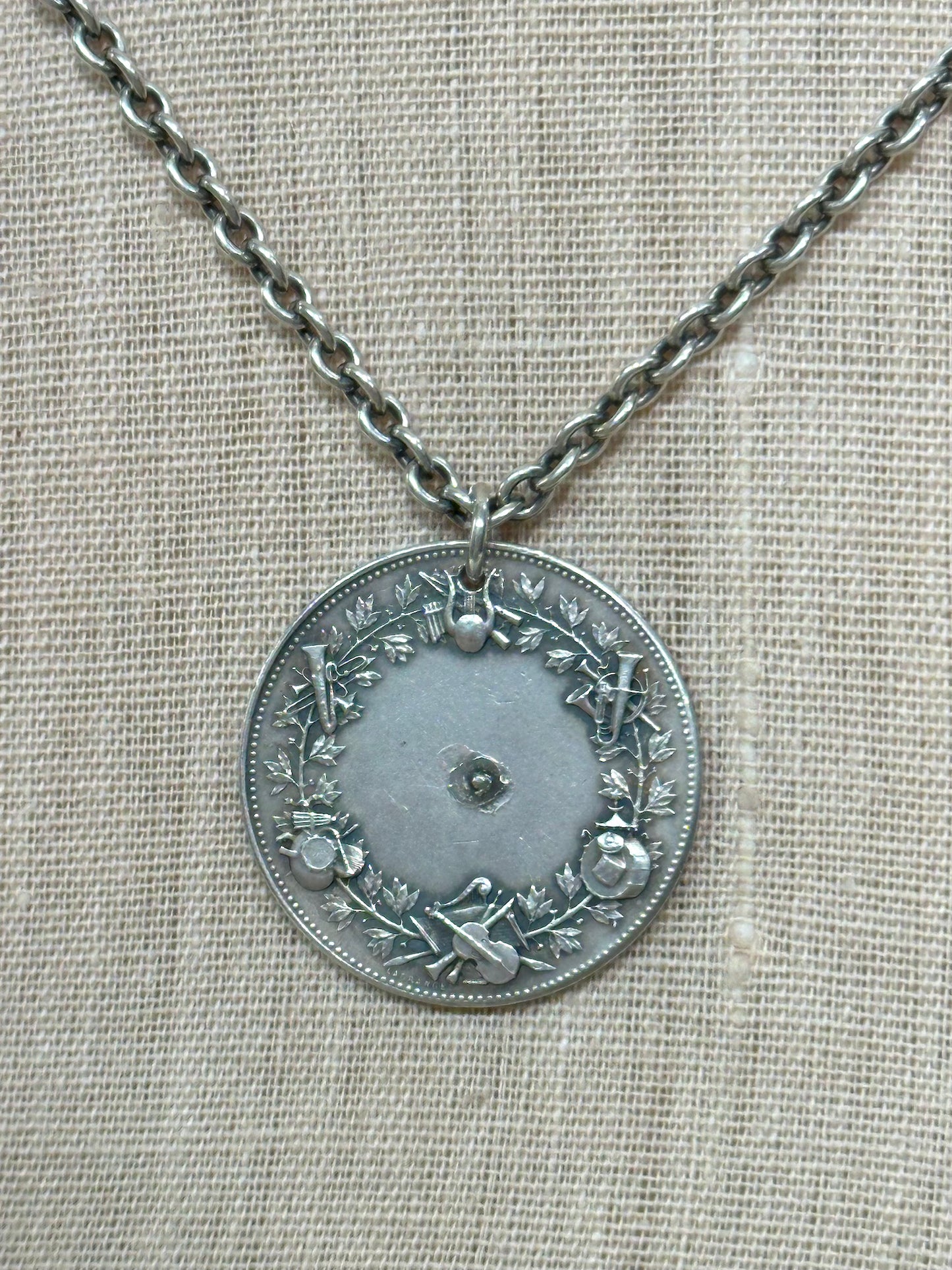 Antique French Silver Necklace With Music Award Medal Pendant