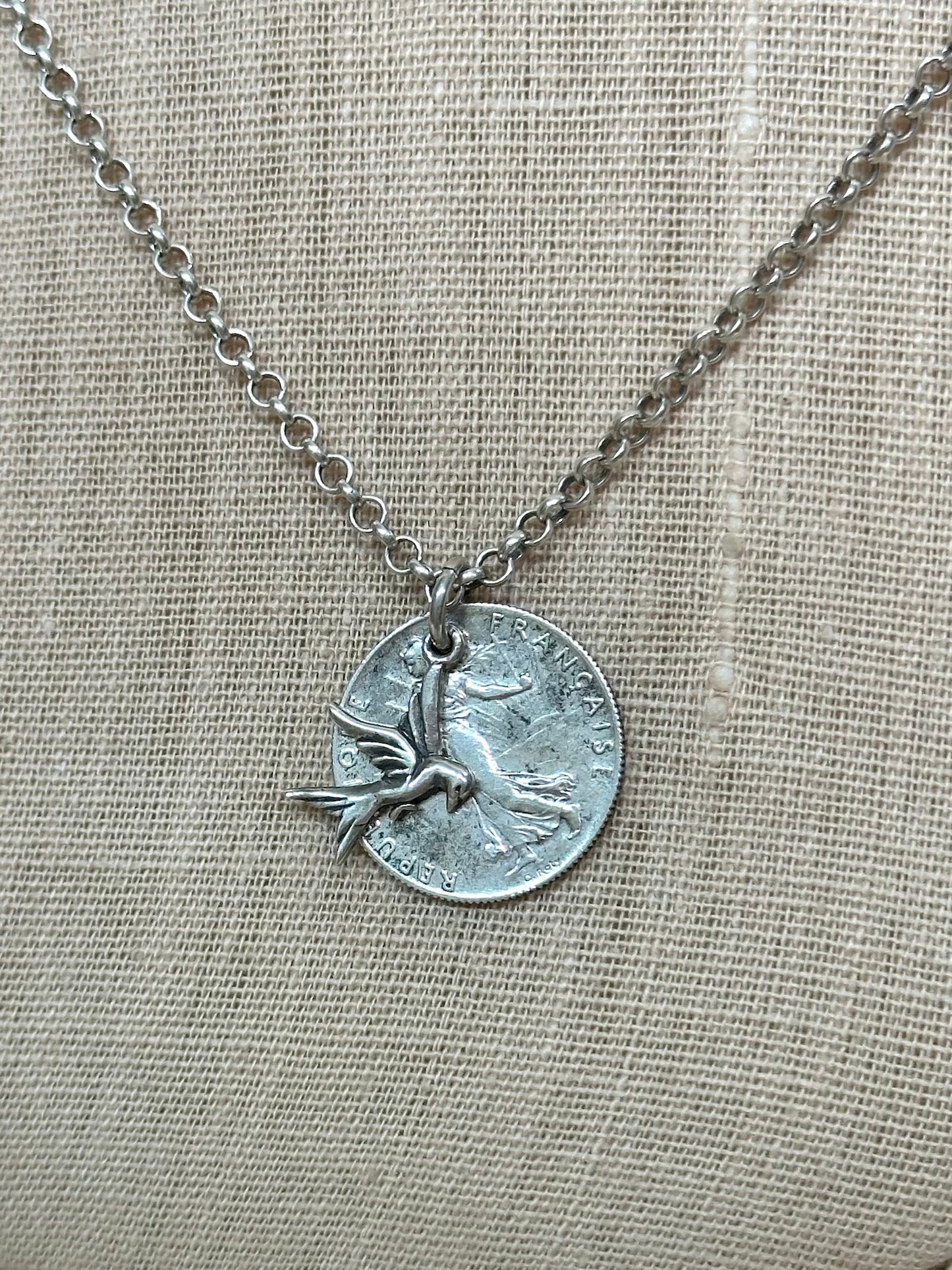 Antique French Silver Coin Necklace With Dove Charm