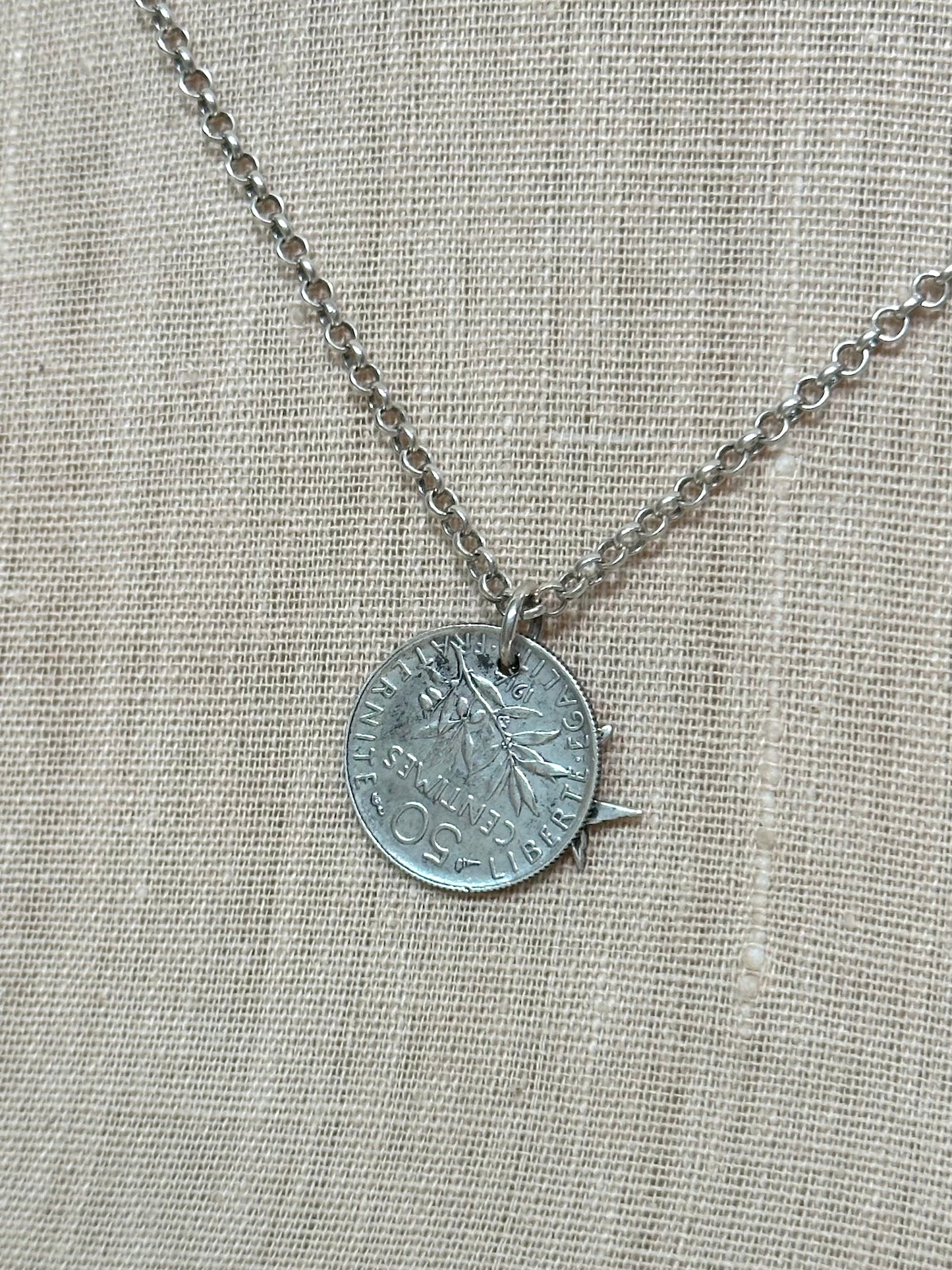 Antique French Silver Coin Necklace With Dove Charm