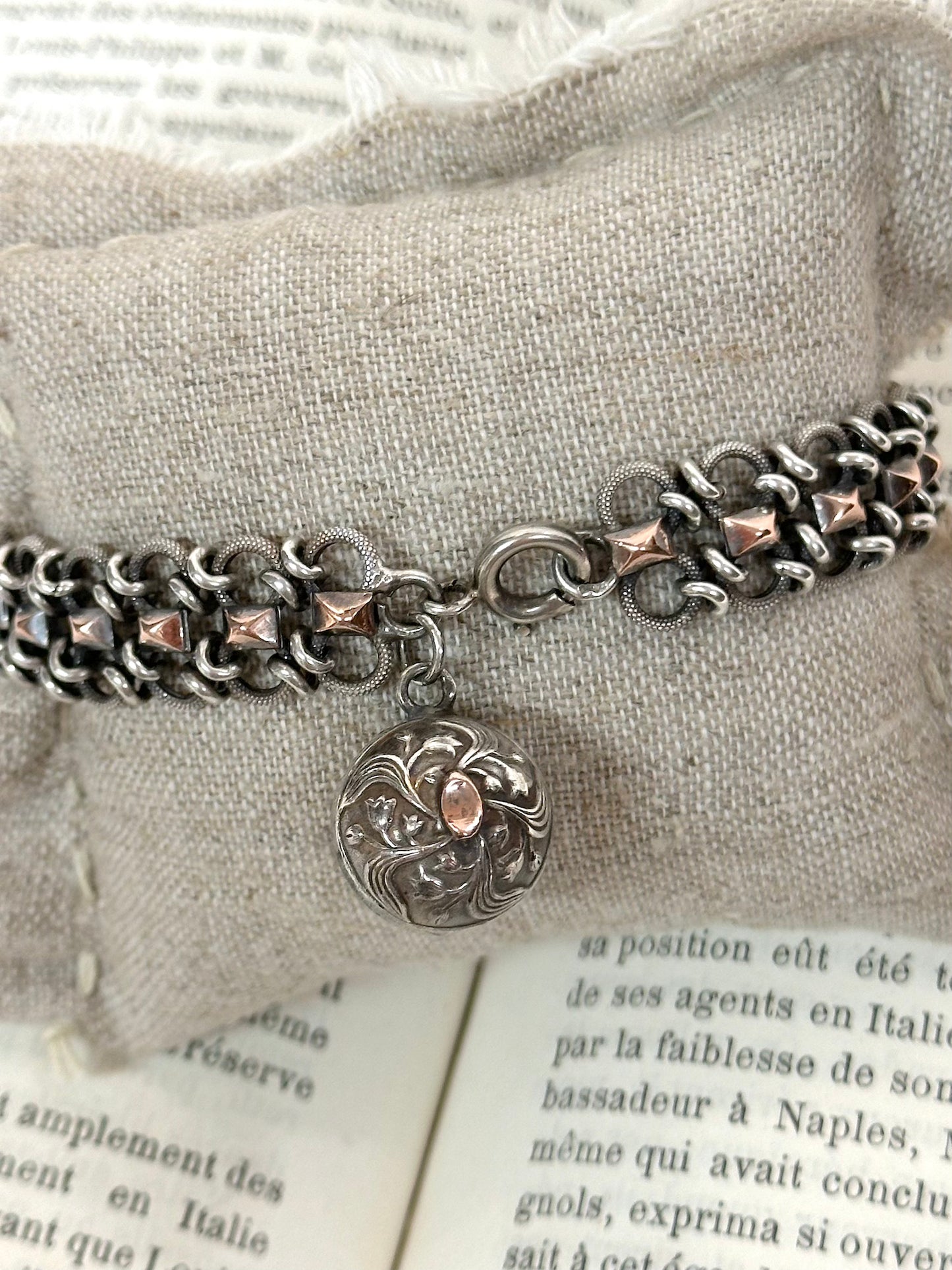 Antique French Silver Bracelet With Gold Plate And Ball Fob