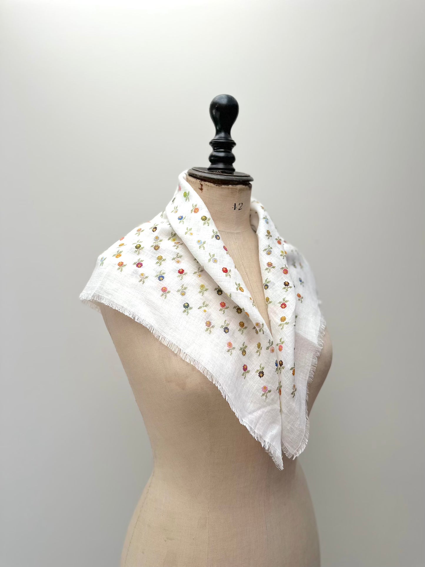 Sophie Digard Mini Floral Embroidered White Linen Square Scarf