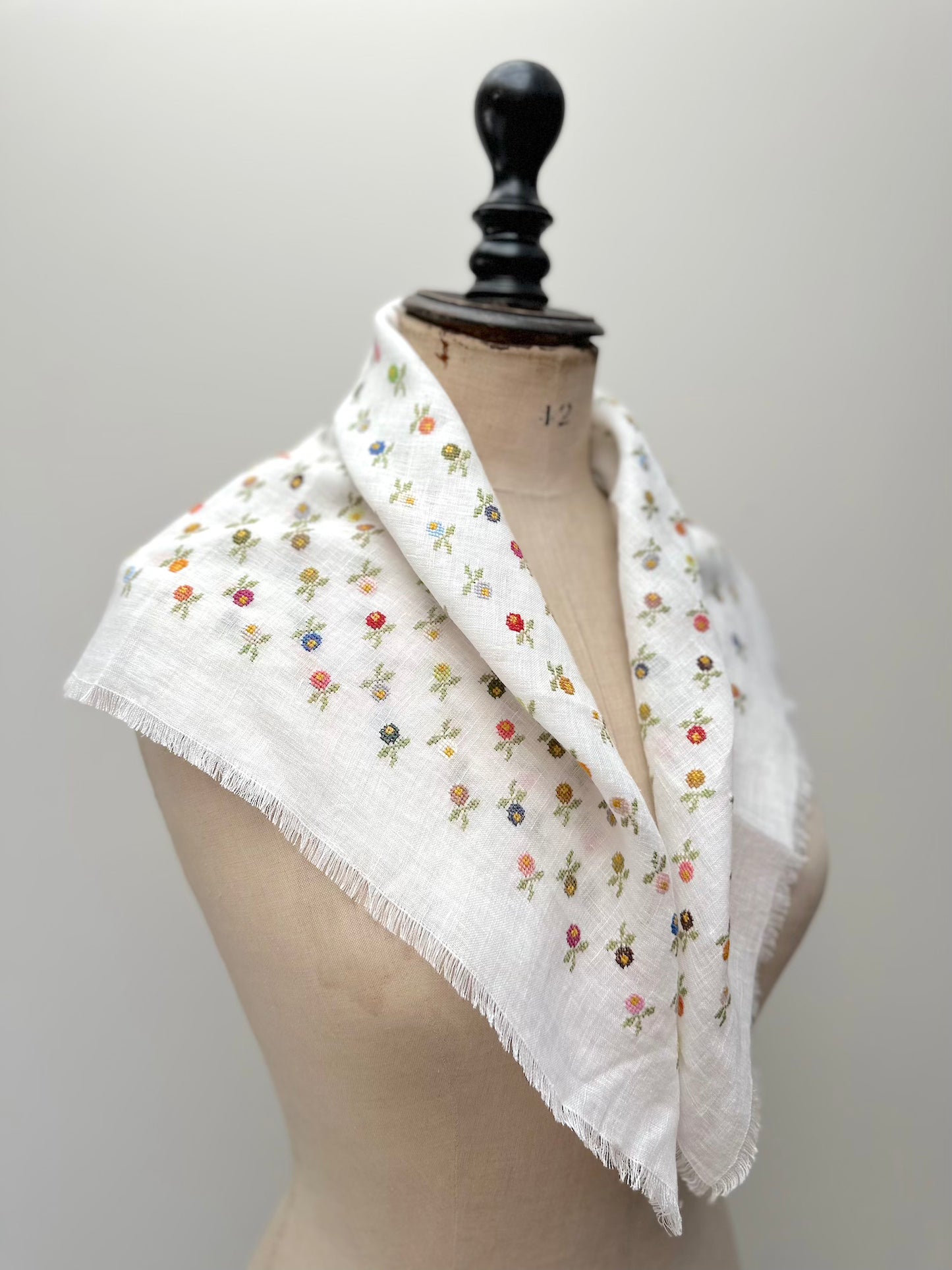 Sophie Digard Mini Floral Embroidered White Linen Square Scarf