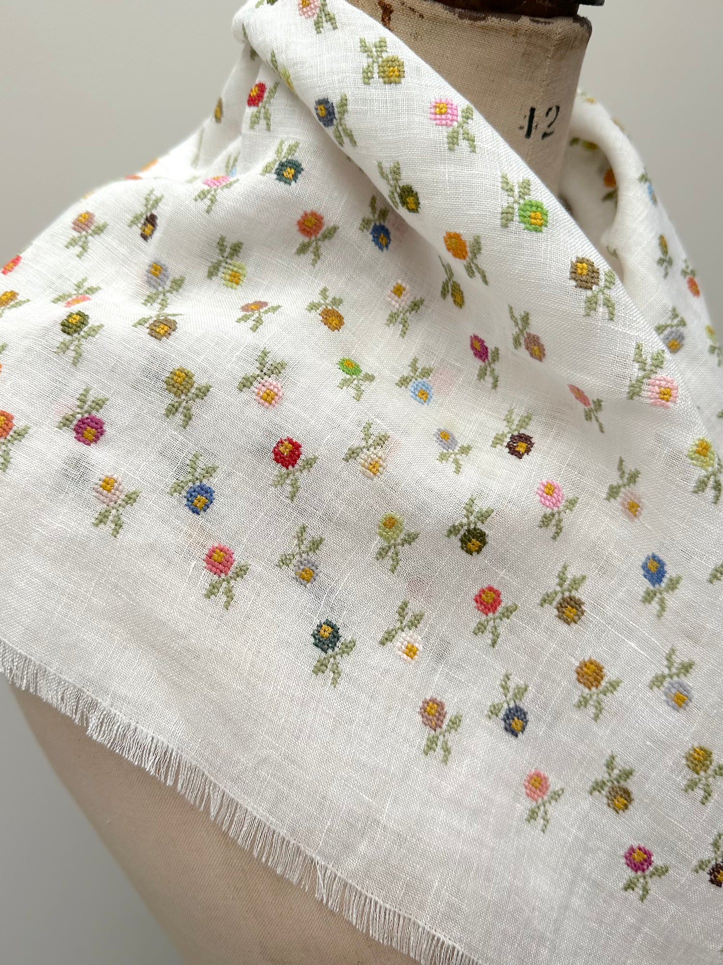 Sophie Digard Mini Floral Embroidered White Linen Square Scarf