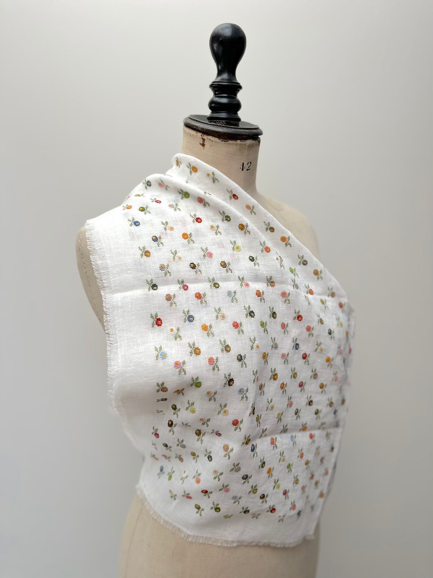 Sophie Digard Mini Floral Embroidered White Linen Square Scarf