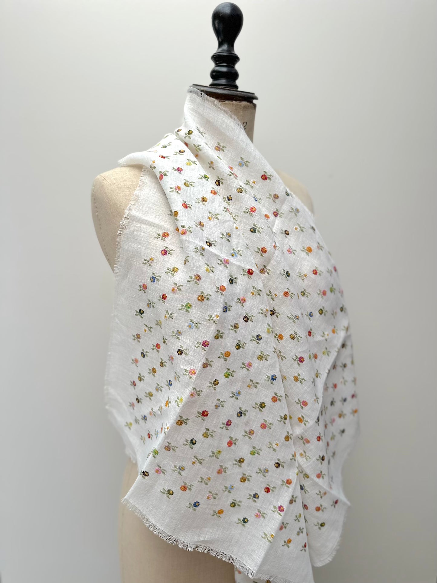 Sophie Digard Mini Floral Embroidered White Linen Square Scarf