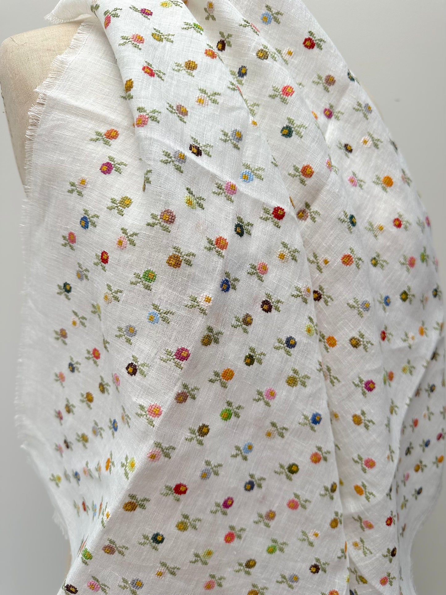 Sophie Digard Mini Floral Embroidered White Linen Square Scarf