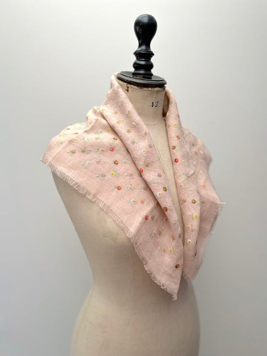 Sophie Digard Mini Floral Embroidered Pink Linen Square Scarf