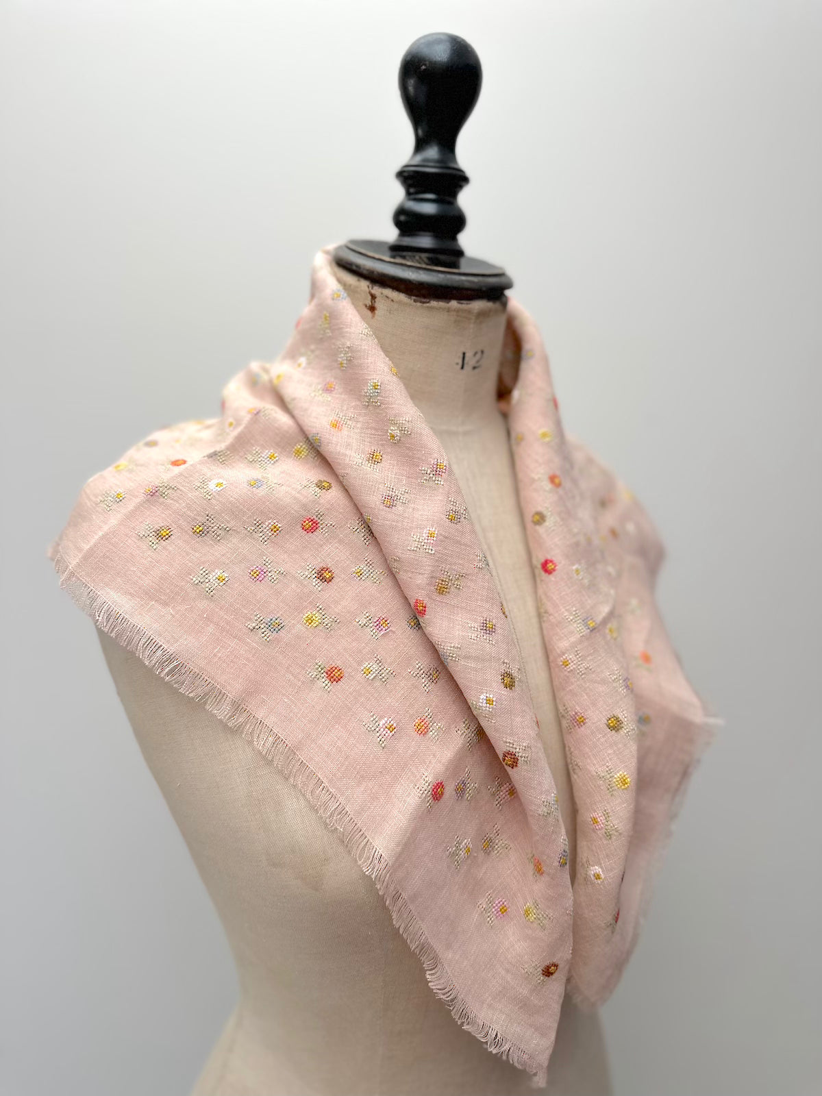 Sophie Digard Mini Floral Embroidered Pink Linen Square Scarf