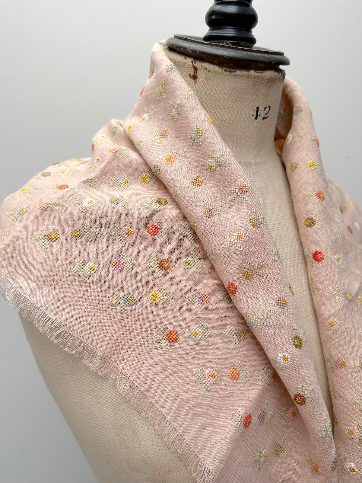 Sophie Digard Mini Floral Embroidered Pink Linen Square Scarf