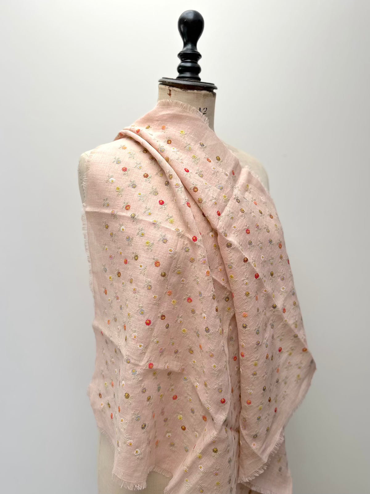 Sophie Digard Mini Floral Embroidered Pink Linen Square Scarf