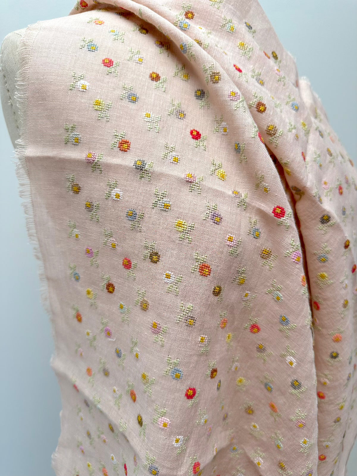 Sophie Digard Mini Floral Embroidered Pink Linen Square Scarf