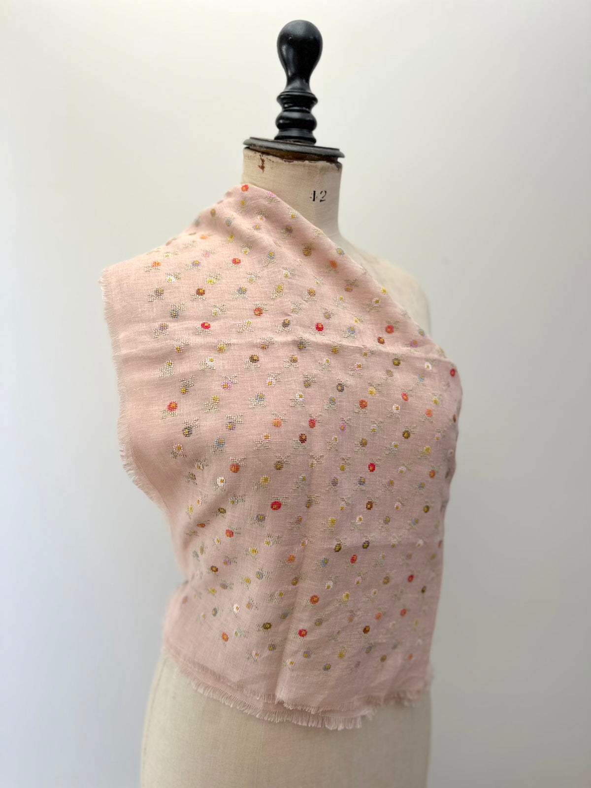 Sophie Digard Mini Floral Embroidered Pink Linen Square Scarf