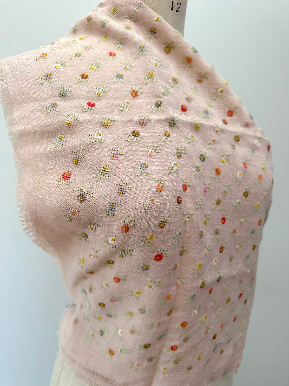 Sophie Digard Mini Floral Embroidered Pink Linen Square Scarf