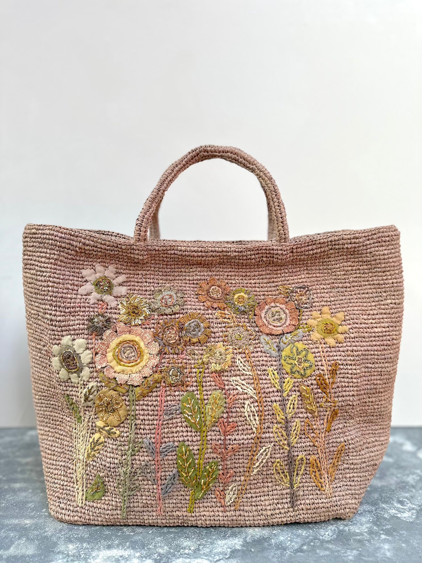 Sophie Digard Large Pink Raffia Bag With Floral Applique Design