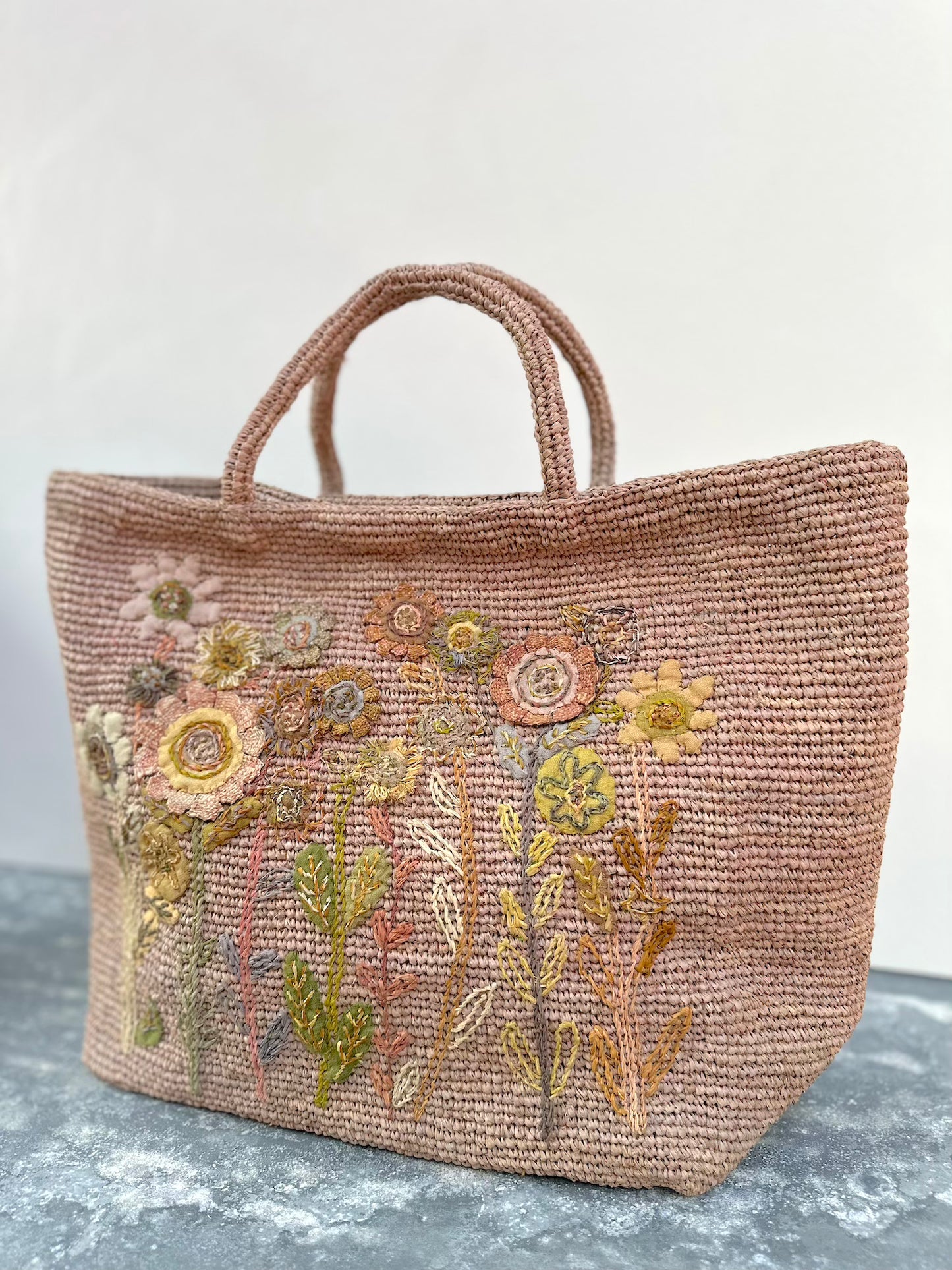 Sophie Digard Large Pink Raffia Bag With Floral Applique Design