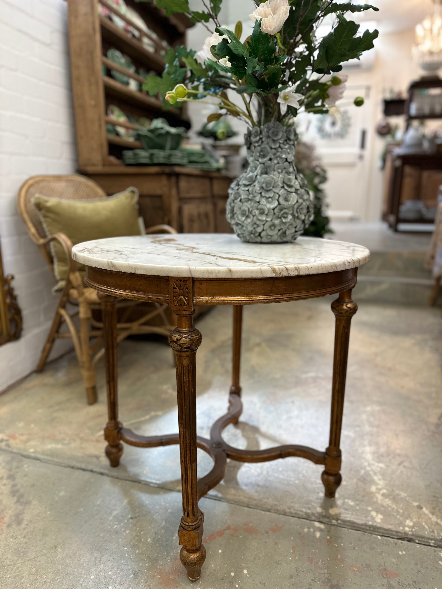 Antique French Gold Gilt Table With Round Marble Top