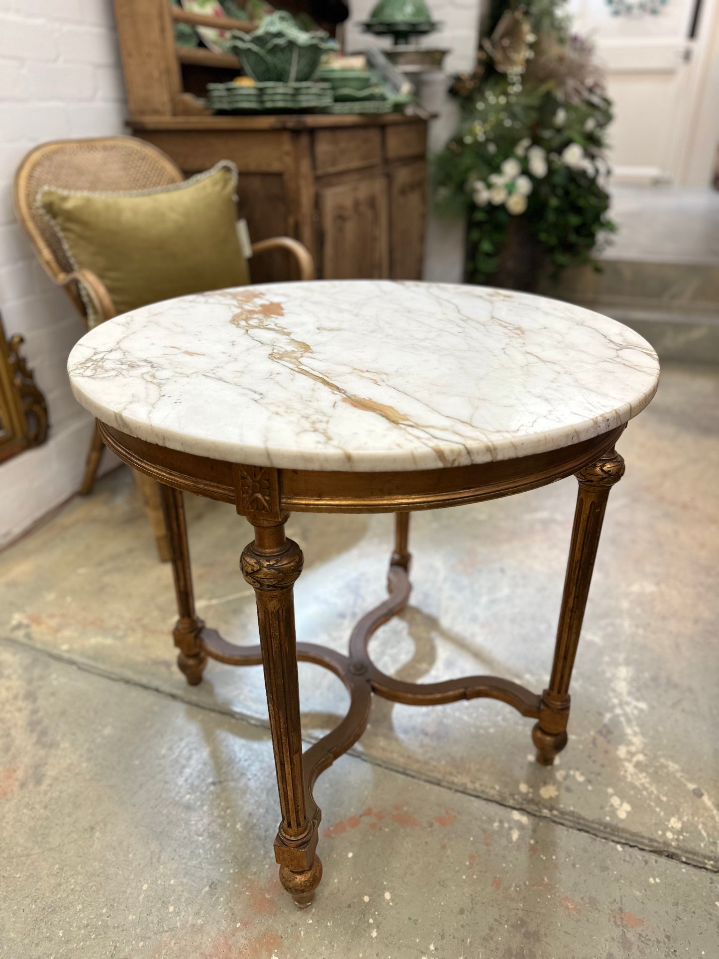 Antique French Gold Gilt Table With Round Marble Top