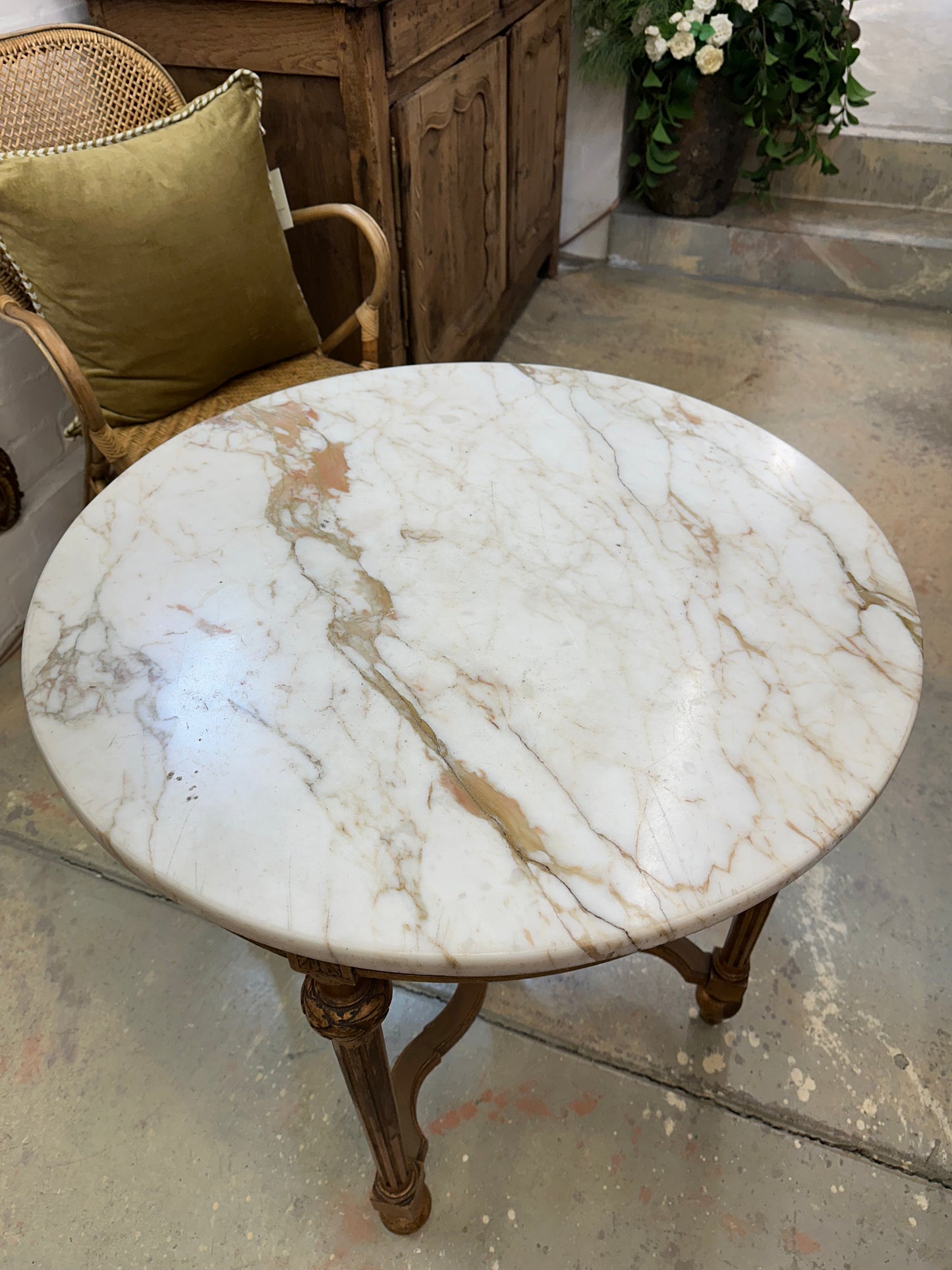 Antique French Gold Gilt Table With Round Marble Top