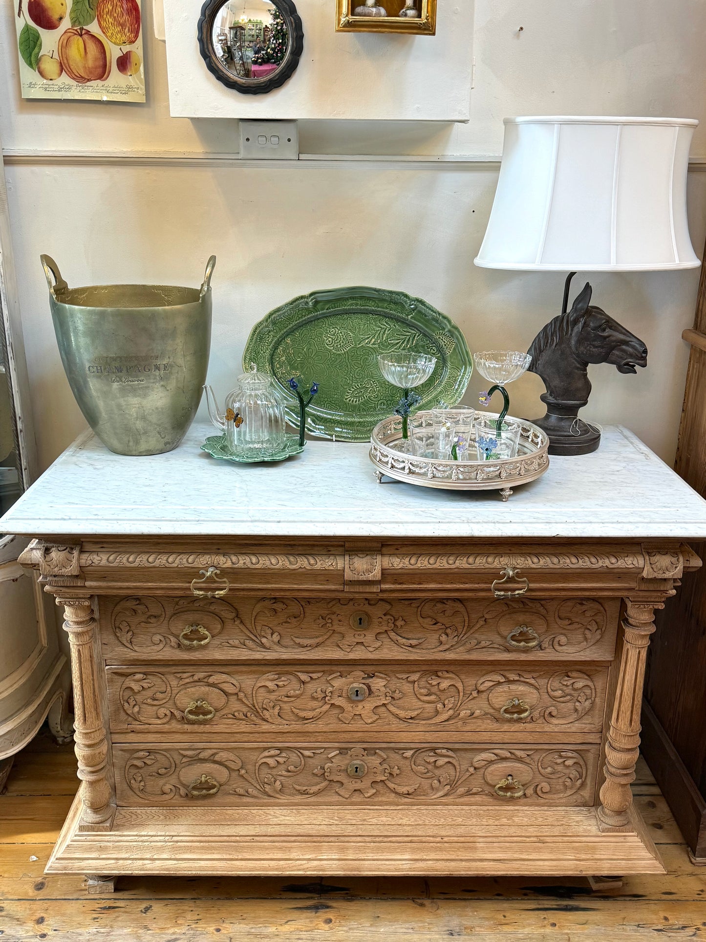 Antique French Oak 5 Drawer Commode With Marble Top