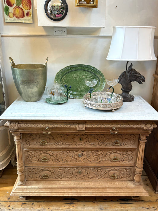 Antique French Oak 5 Drawer Commode With Marble Top