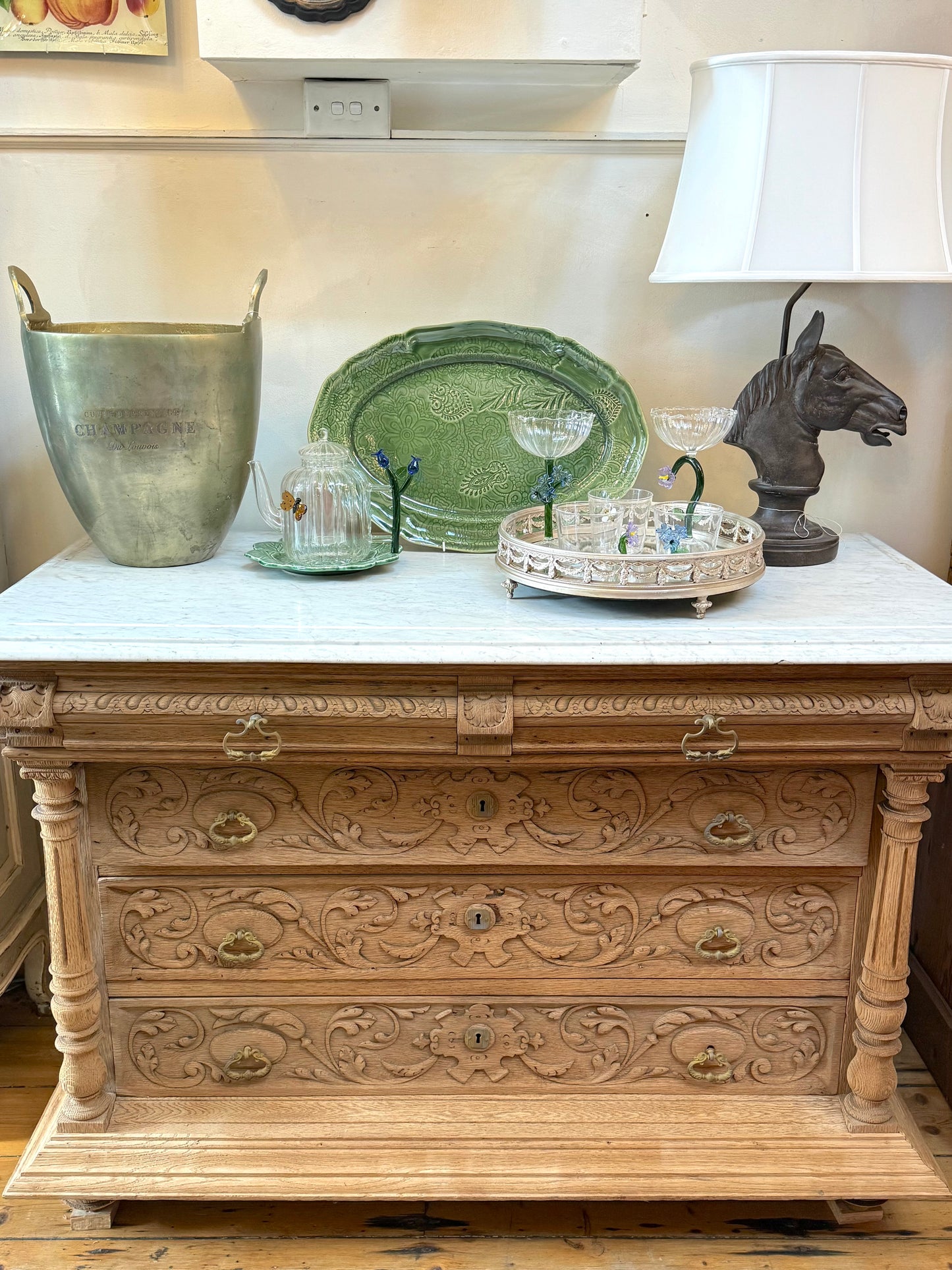 Antique French Oak 5 Drawer Commode With Marble Top