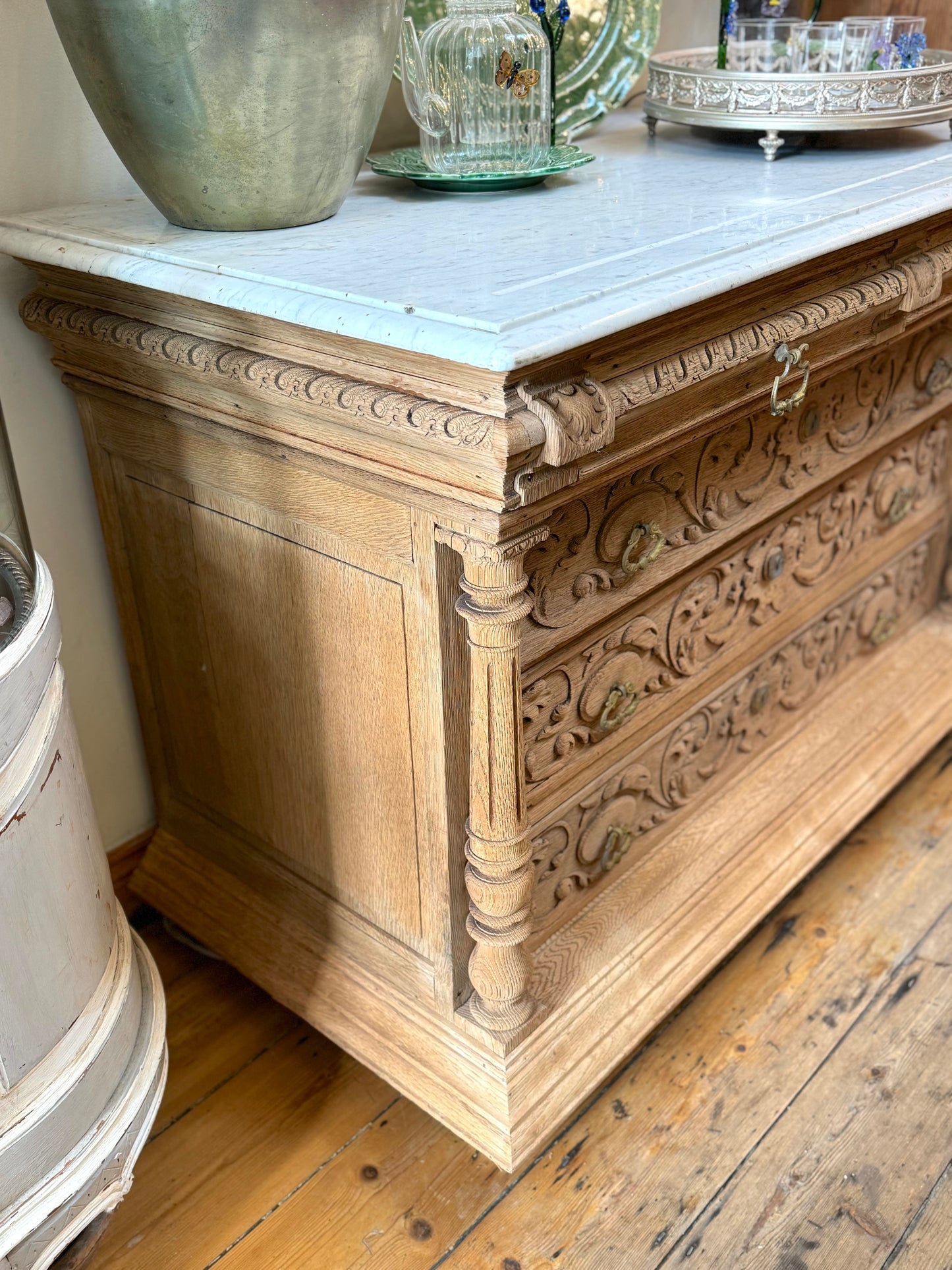 Antique French Oak 5 Drawer Commode With Marble Top