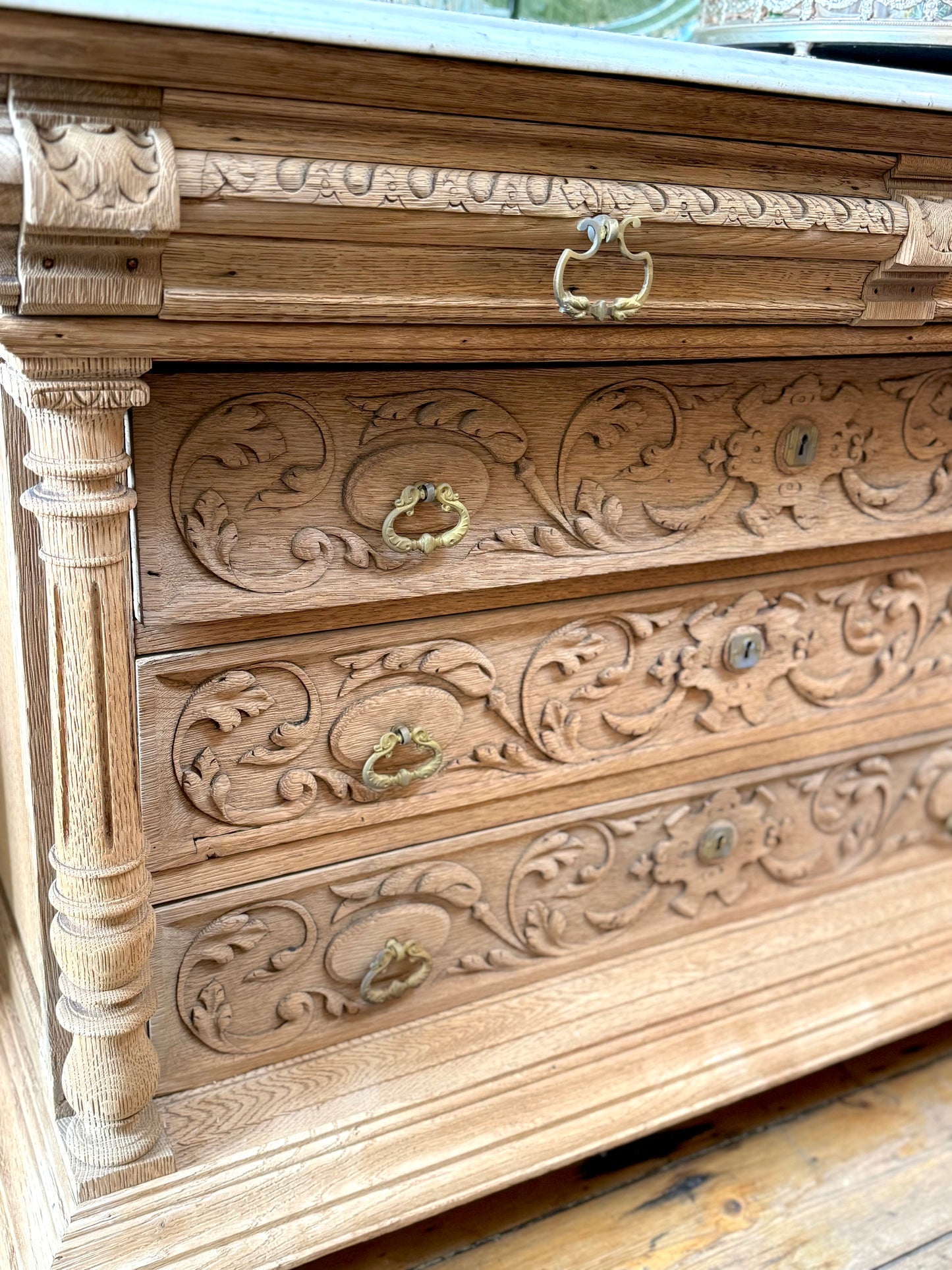 Antique French Oak 5 Drawer Commode With Marble Top